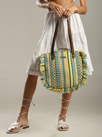 ENSAC cotton Boho Ruffle Style Green Tote bag for women & girls