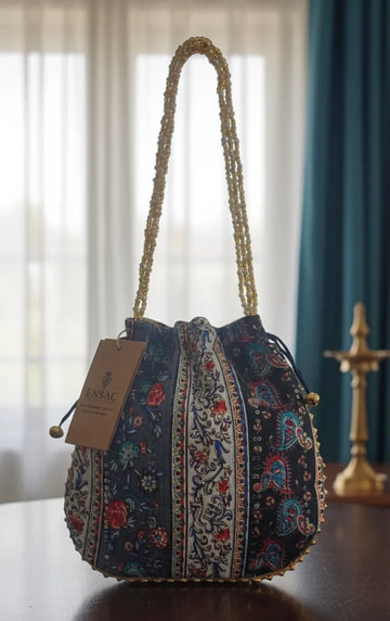 ENSAC Women's Handcrafted Designer Potli Bag with Embroidery, Pearl Handle & Thread Work | Ethnic & Bridal Potli