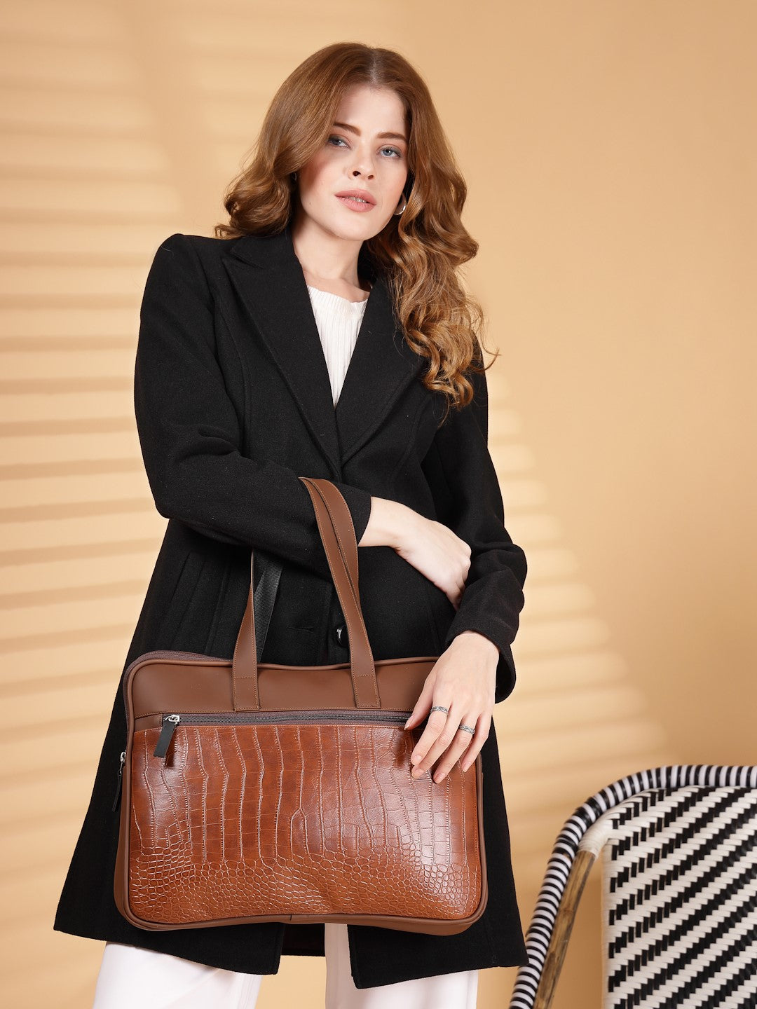 Ensac Brown Crocodile Sleeve Laptop Bag | Stylish Office & Travel Bag