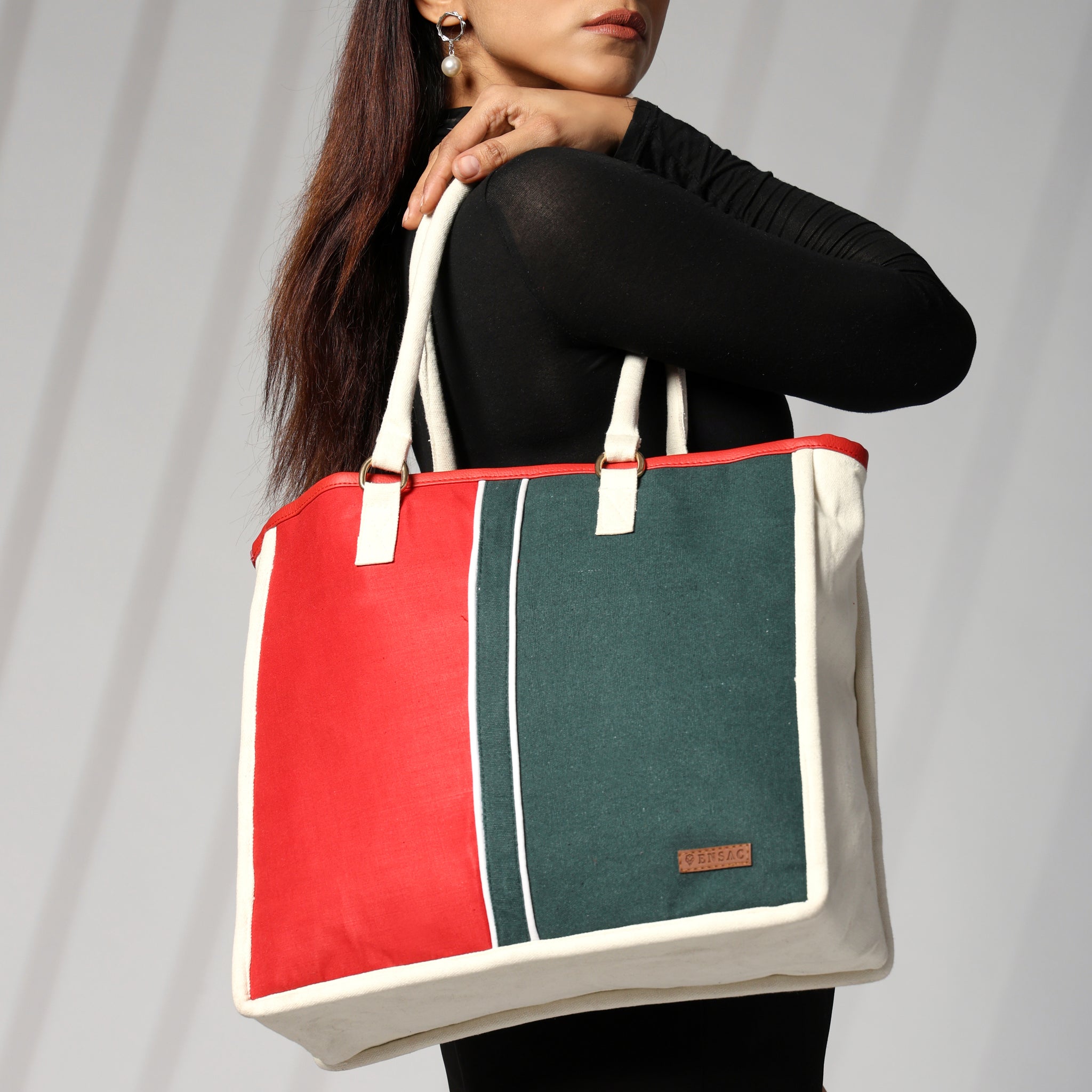ENSAC cotton Canvas Red Green Tote bag for women & girls