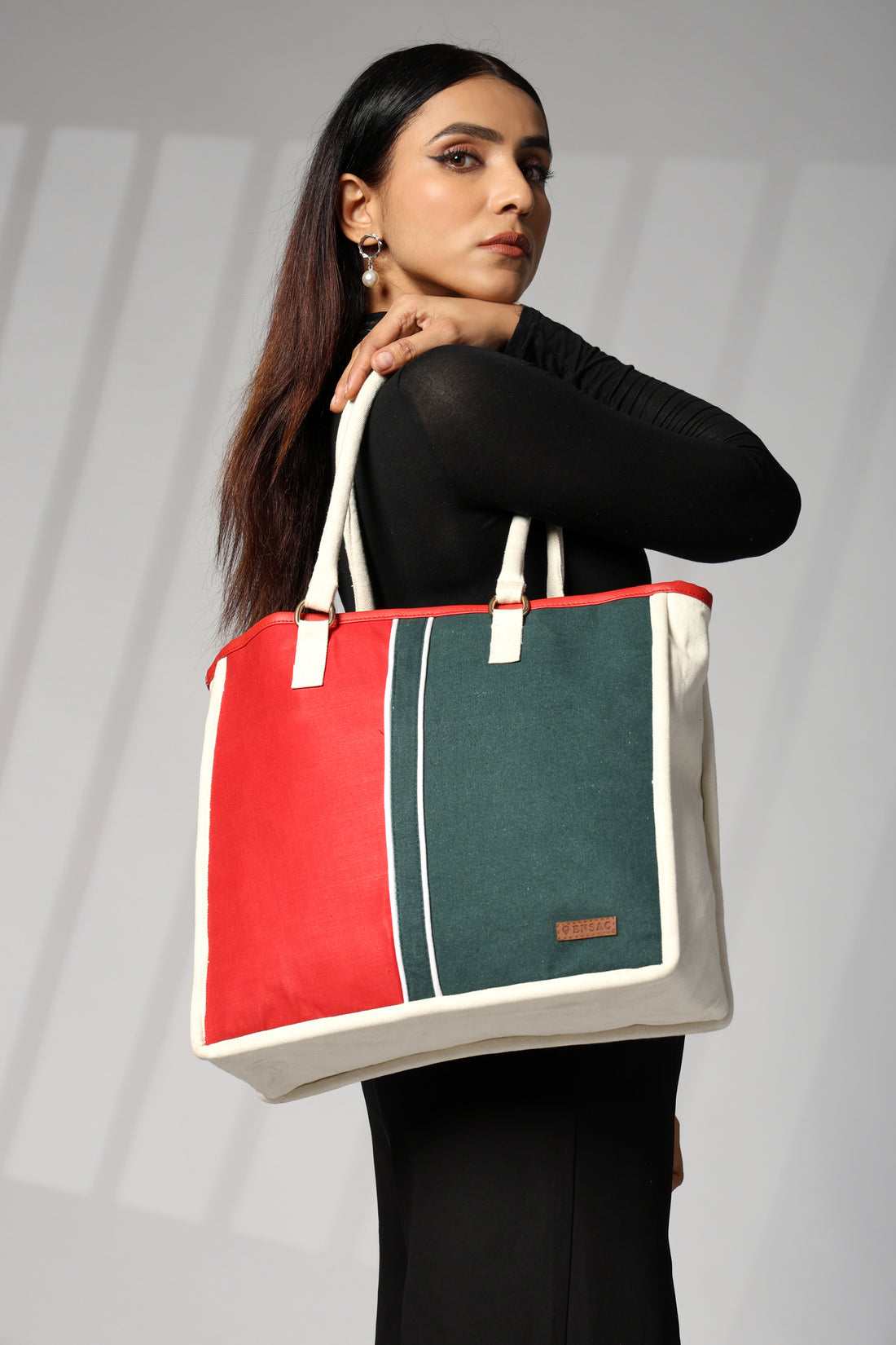 ENSAC cotton Canvas Red Green Tote bag for women & girls
