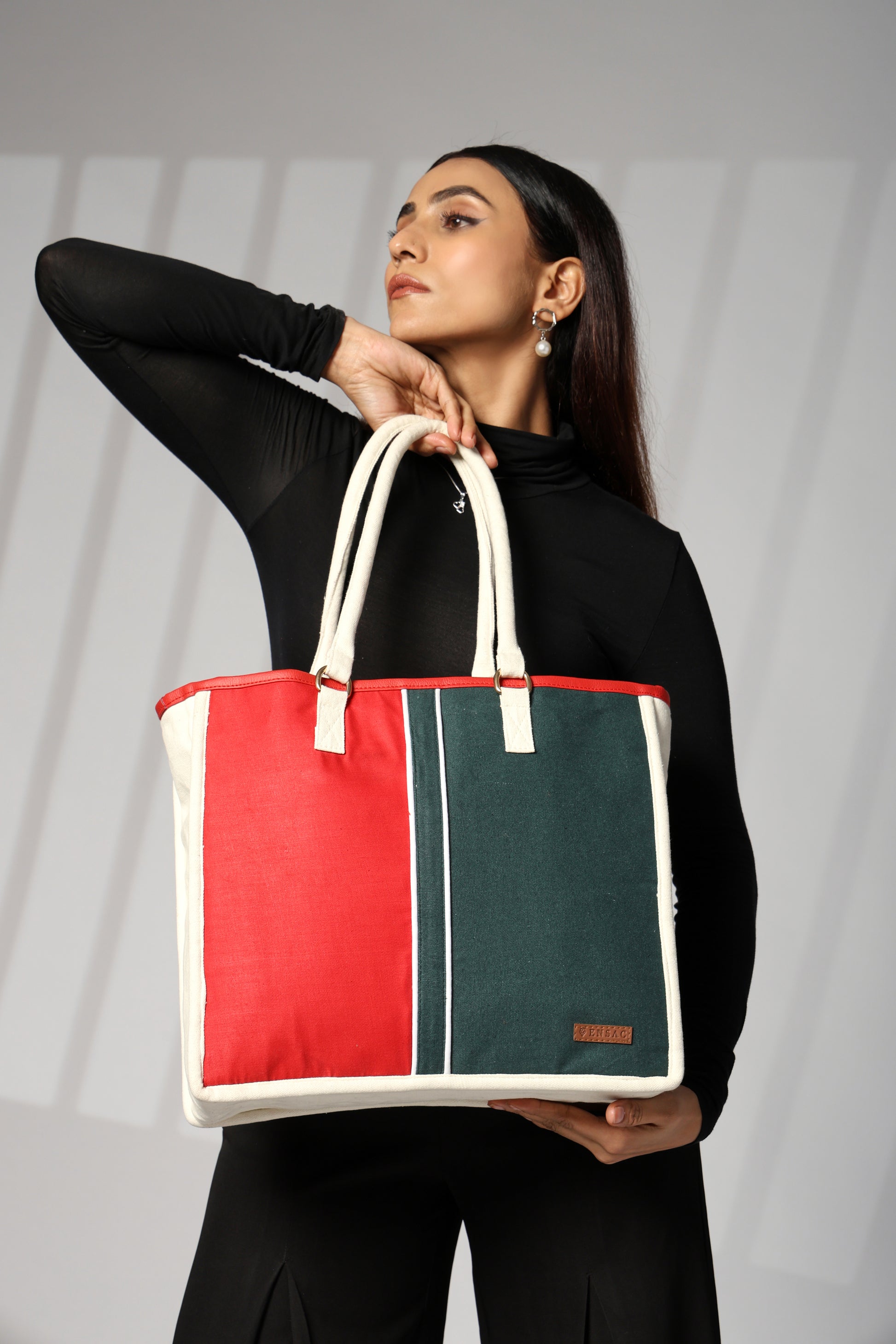 ENSAC cotton Canvas Red Green Tote bag for women & girls