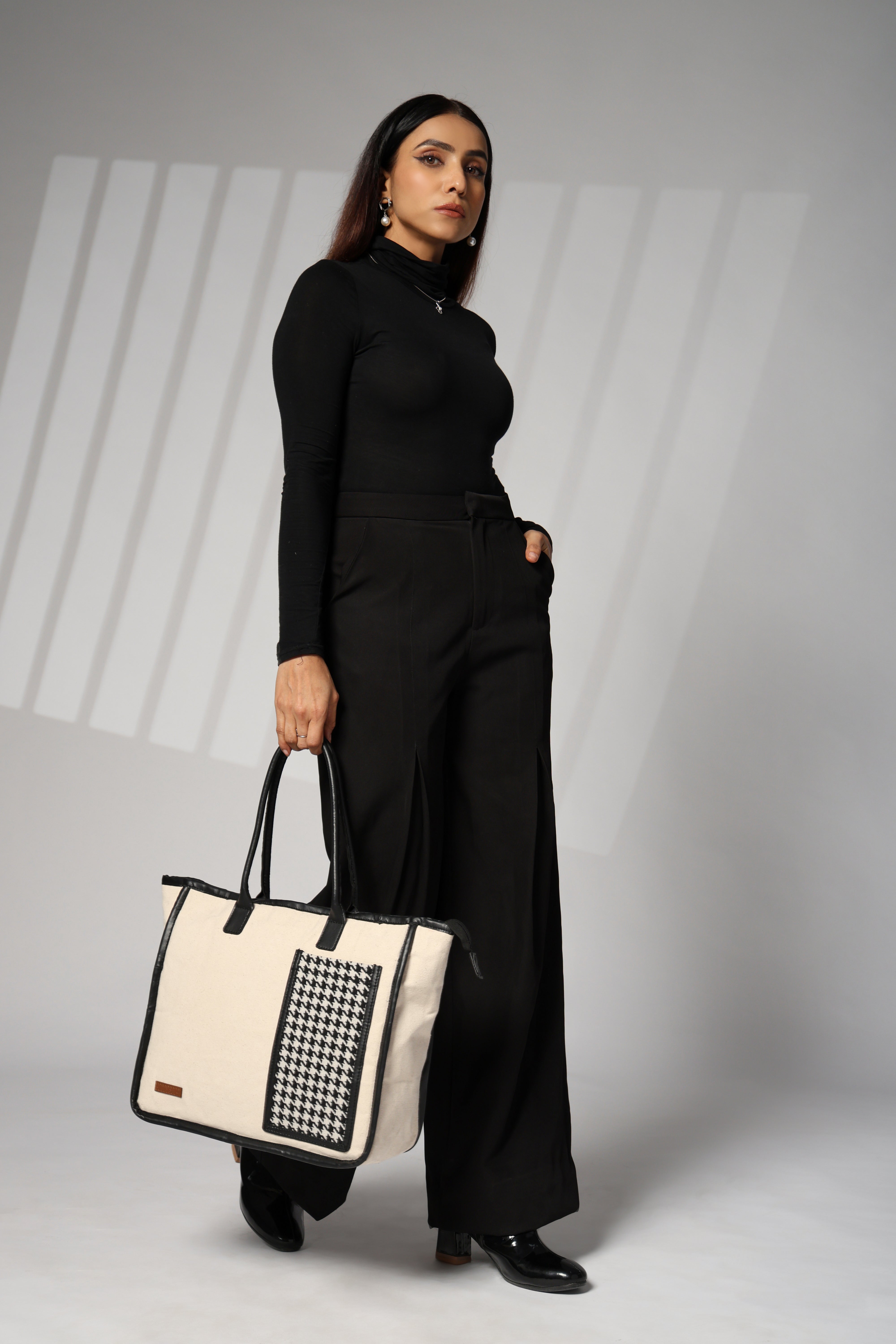 ENSAC cotton Canvas Side pocket Style white Black Tote bag for women & girls