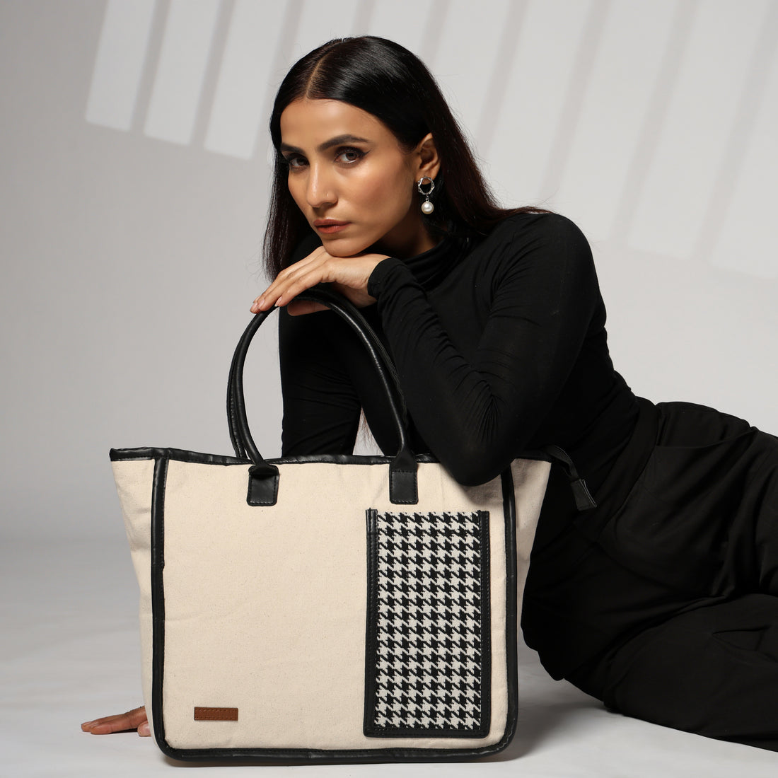 ENSAC cotton Canvas Side pocket Style white Black Tote bag for women & girls