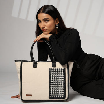 ENSAC cotton Canvas Side pocket Style white Black Tote bag for women & girls