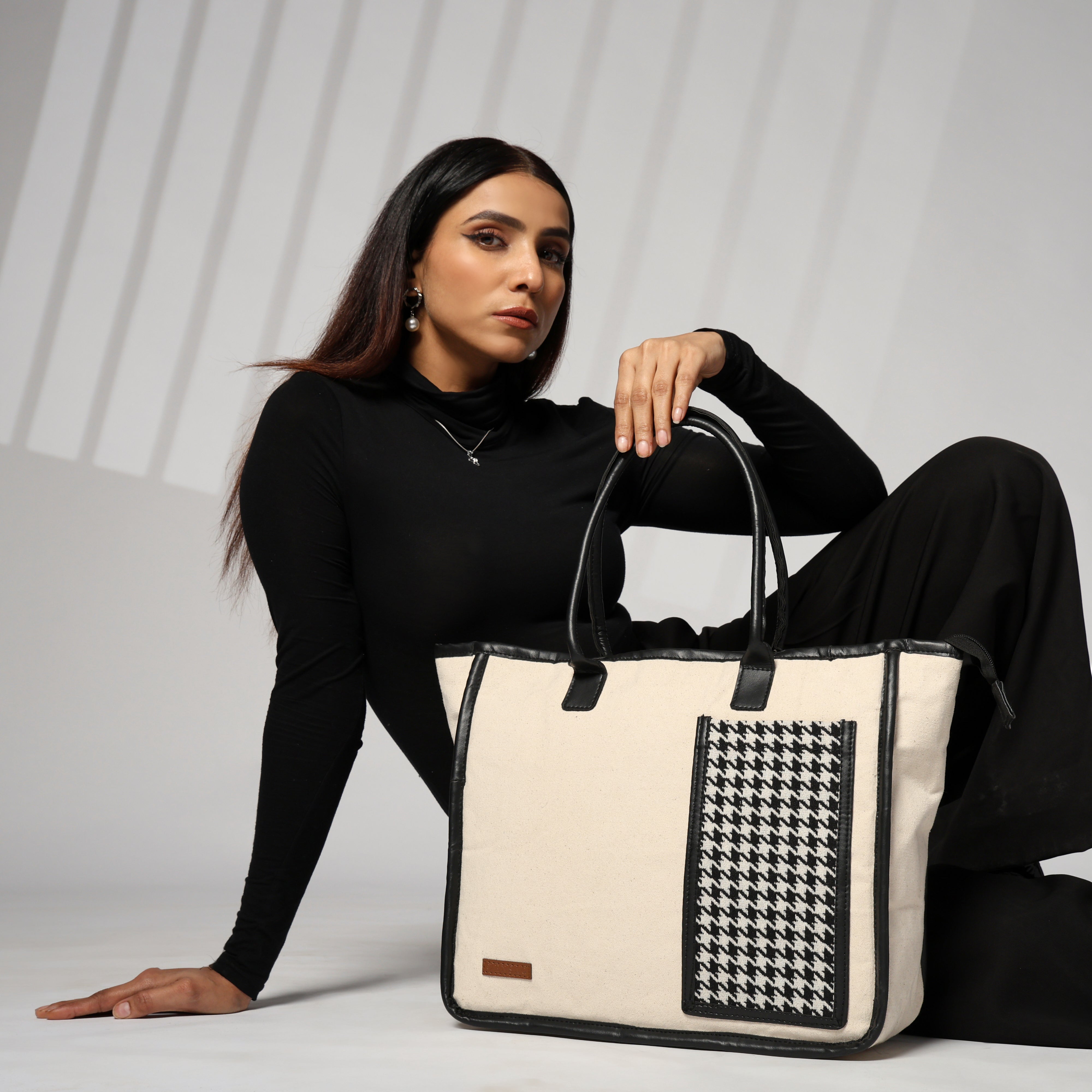 ENSAC cotton Canvas Side pocket Style white Black Tote bag for women & girls