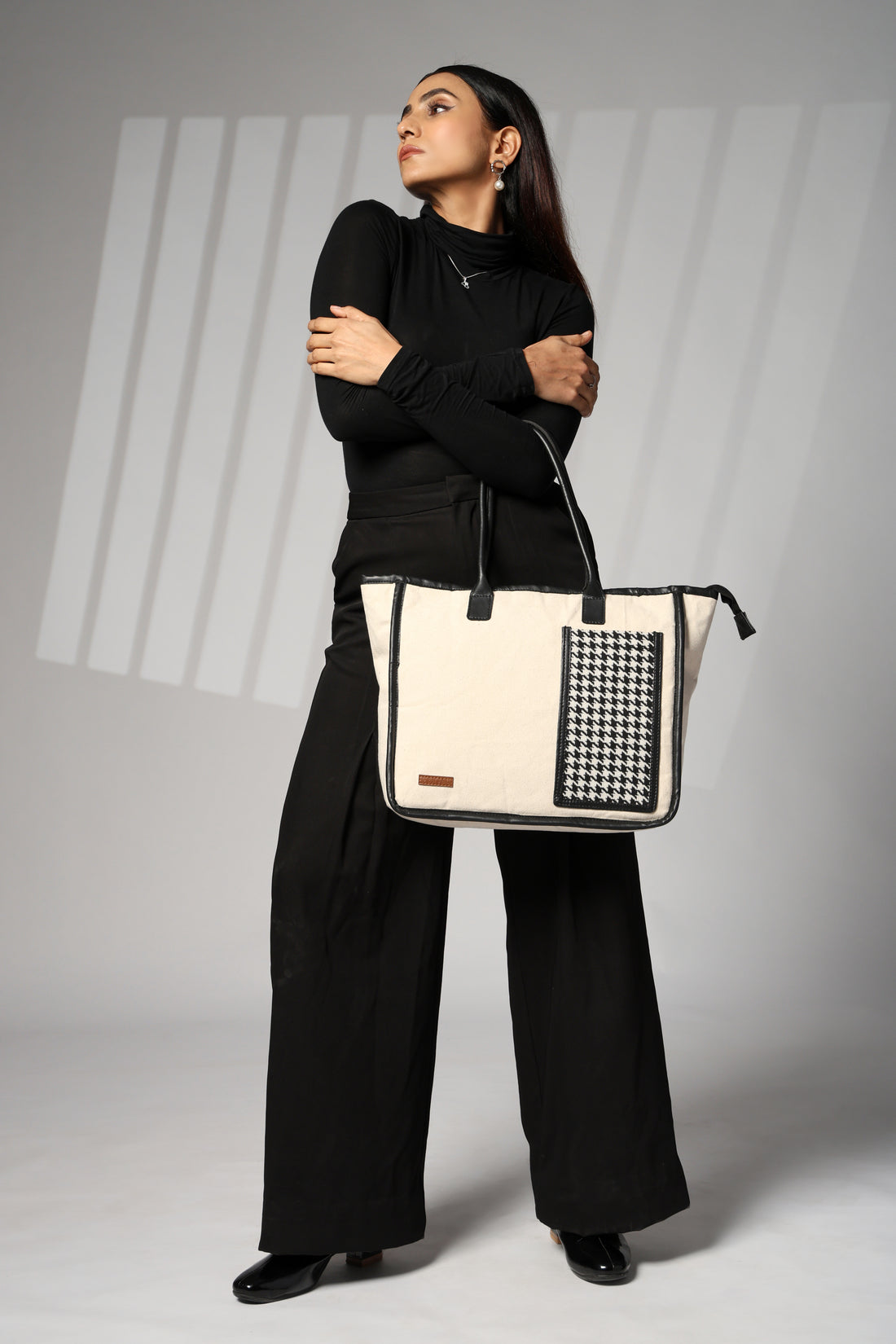 ENSAC cotton Canvas Side pocket Style white Black Tote bag for women & girls