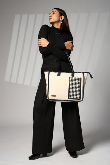 ENSAC cotton Canvas Side pocket Style white Black Tote bag for women & girls