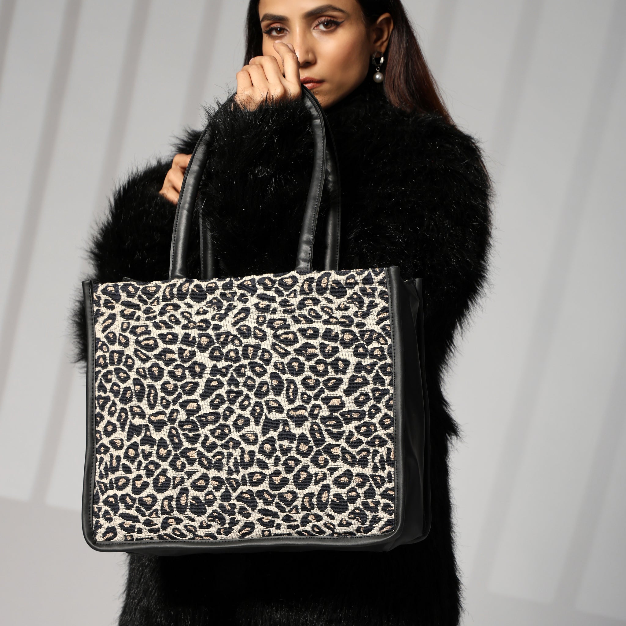 ENSAC Cotton Jaquard Leopard Black Tote bag for women & Girls