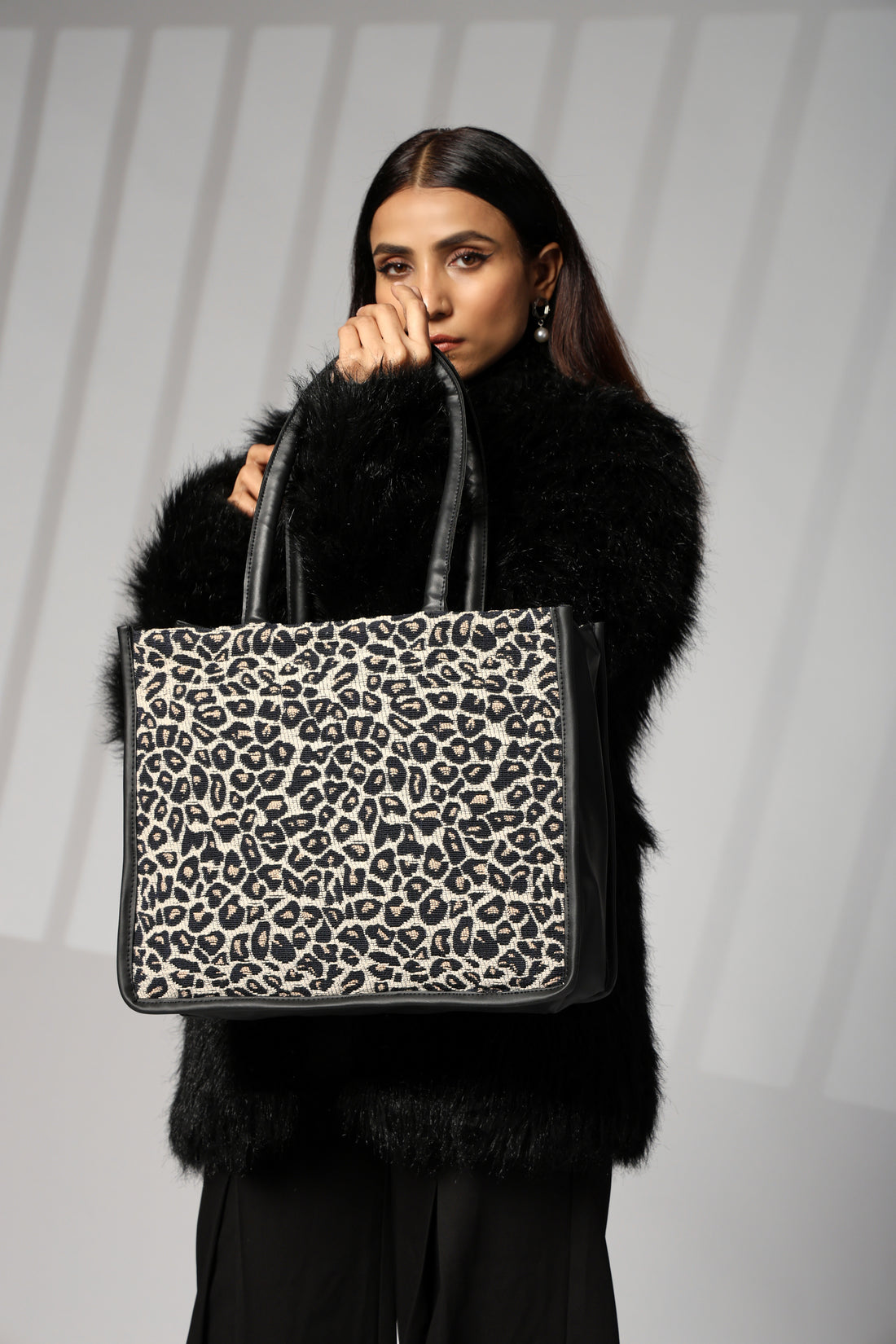 ENSAC Cotton Jaquard Leopard Black Tote bag for women & Girls