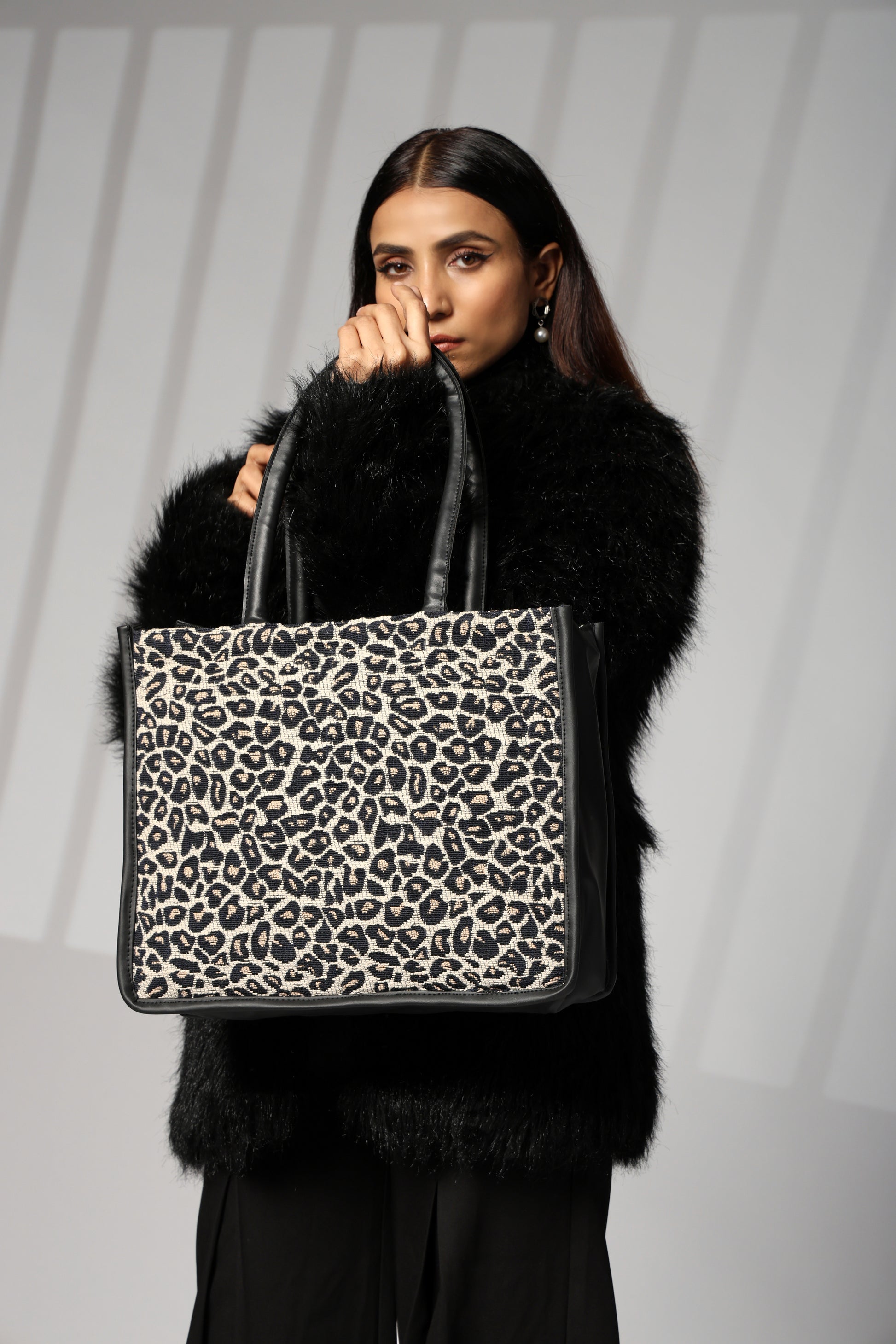 ENSAC Cotton Jaquard Leopard Black Tote bag for women & Girls