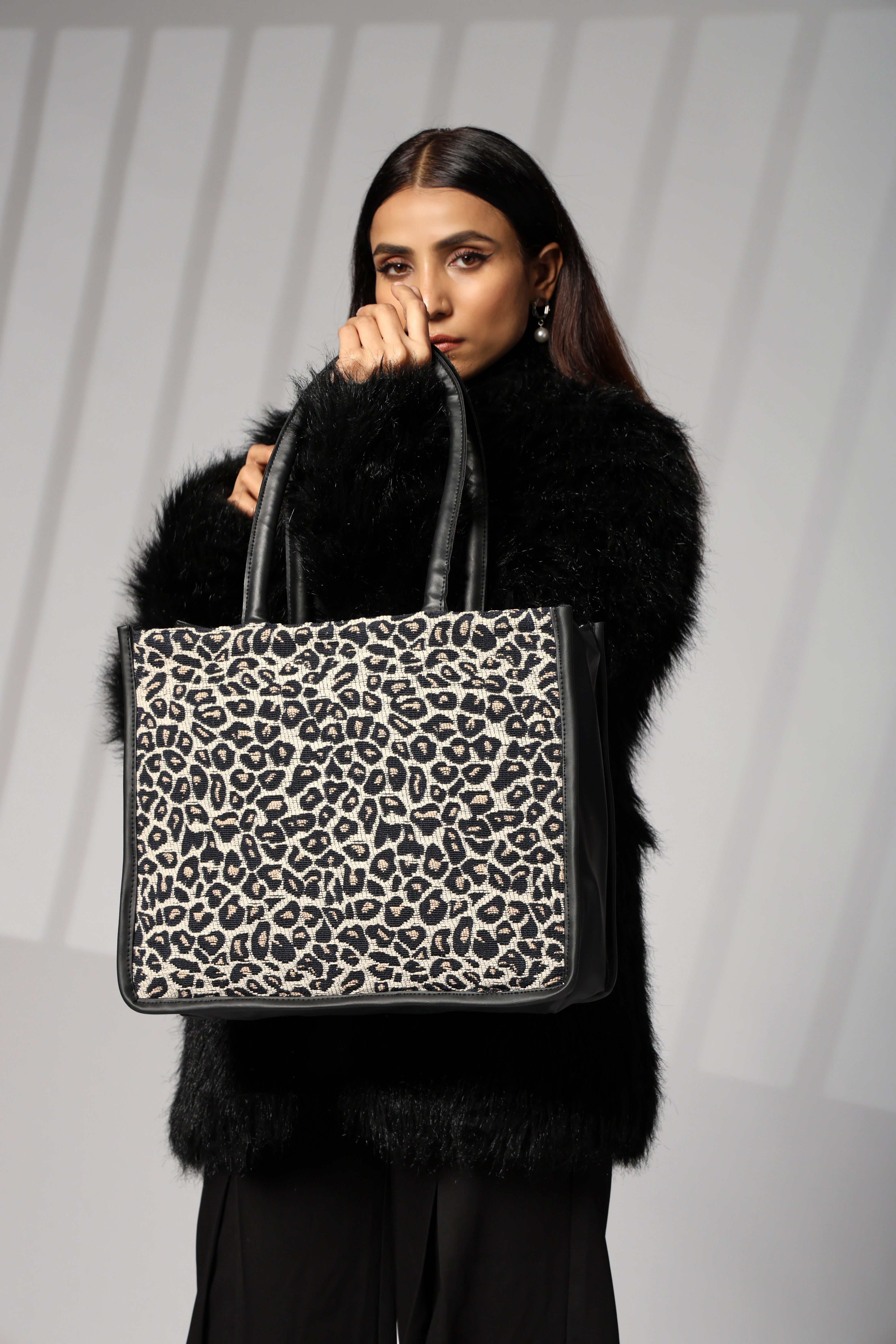 ENSAC Cotton Jaquard Leopard Black Tote bag for women & Girls