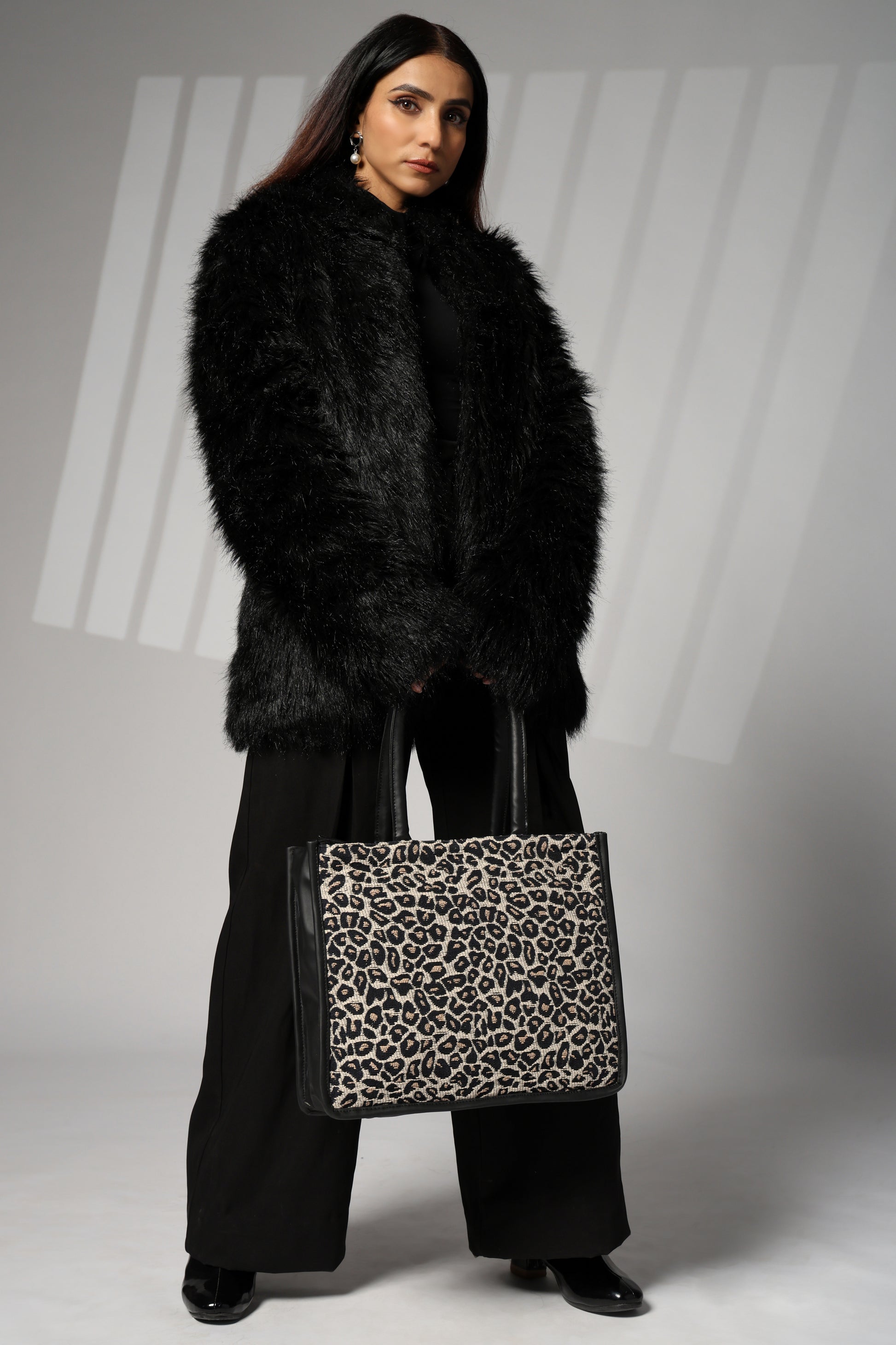 ENSAC Cotton Jaquard Leopard Black Tote bag for women & Girls