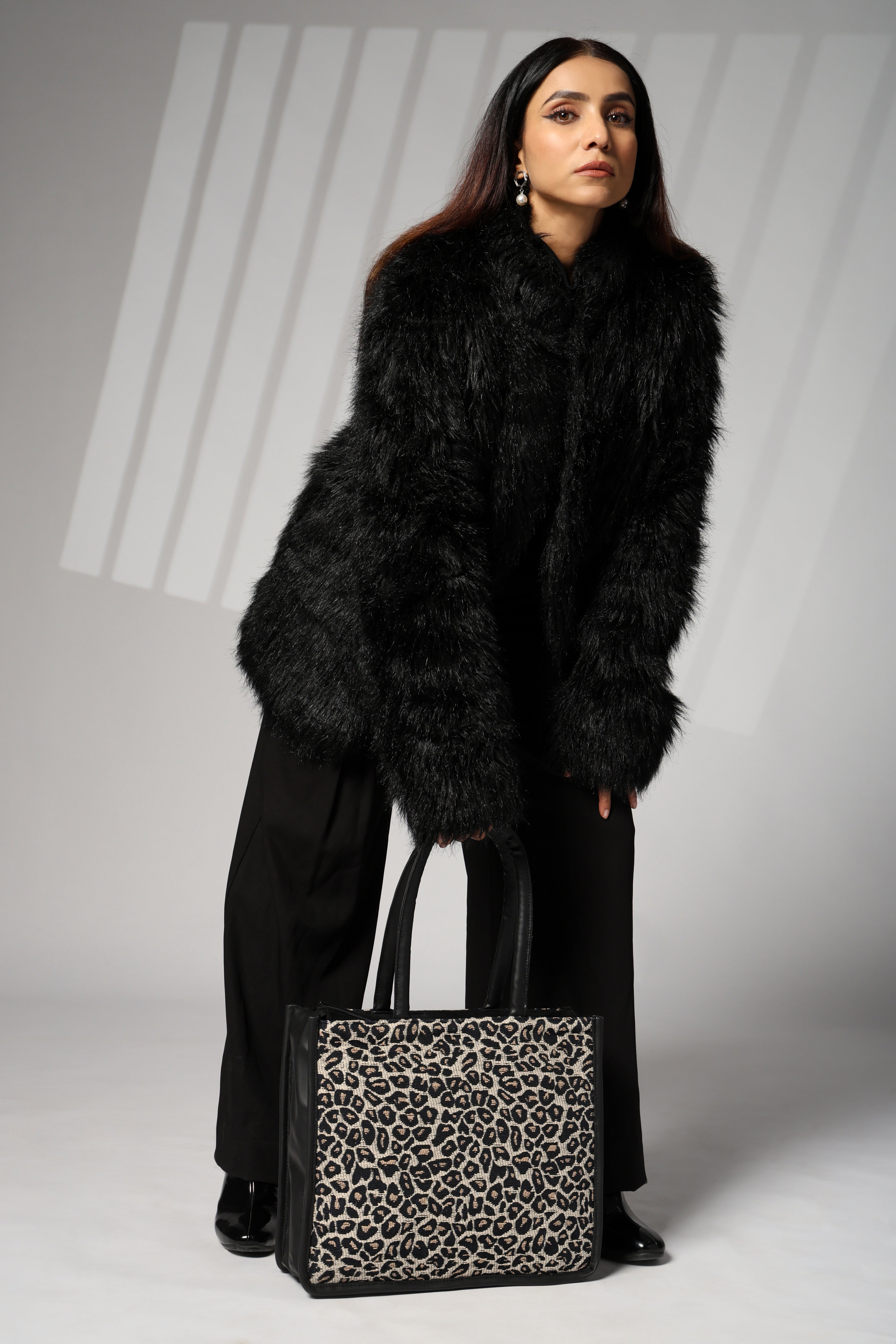 ENSAC Cotton Jaquard Leopard Black Tote bag for women & Girls