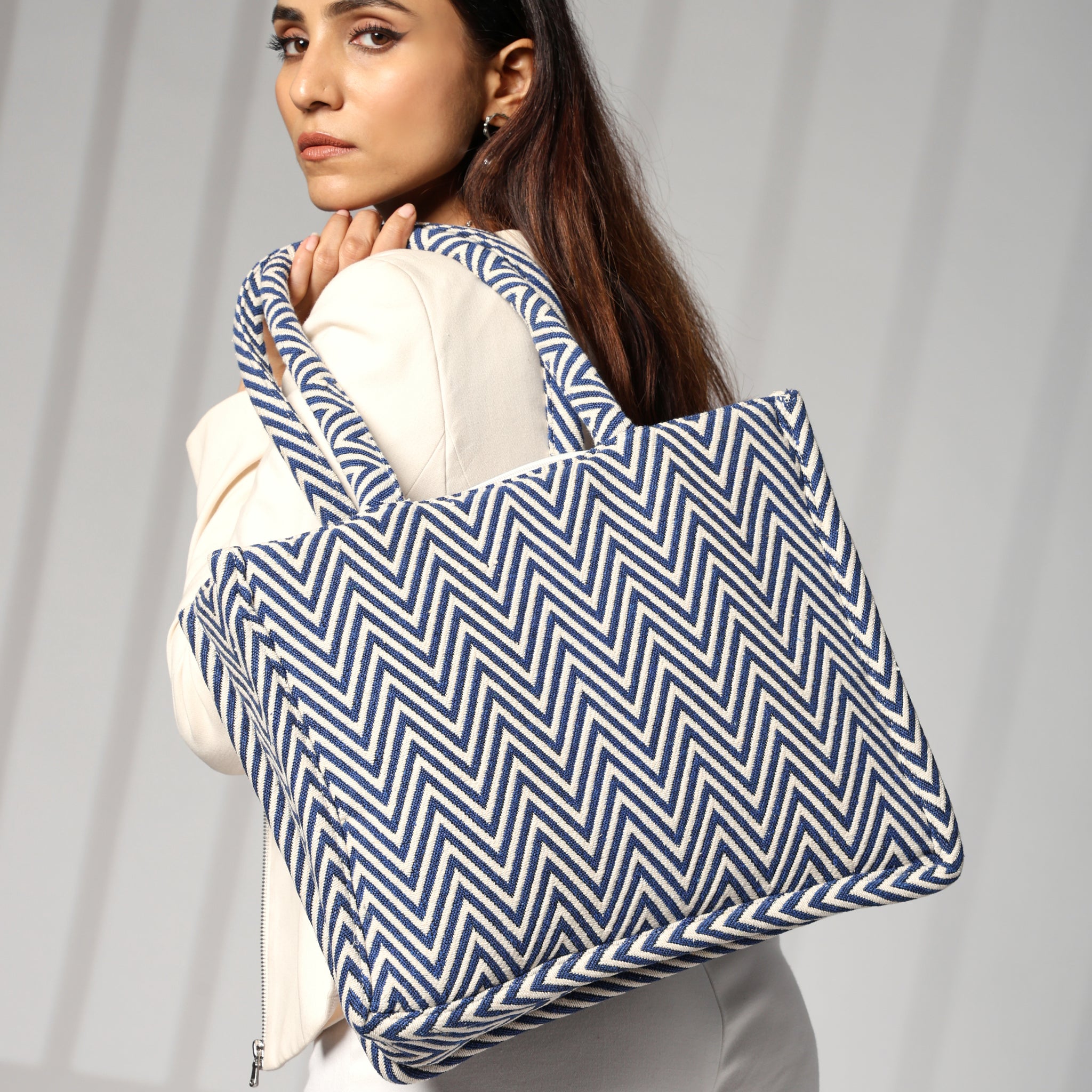 ENSAC Zigzag style Cotton Jacquard Blue Tote bag for women & Girls