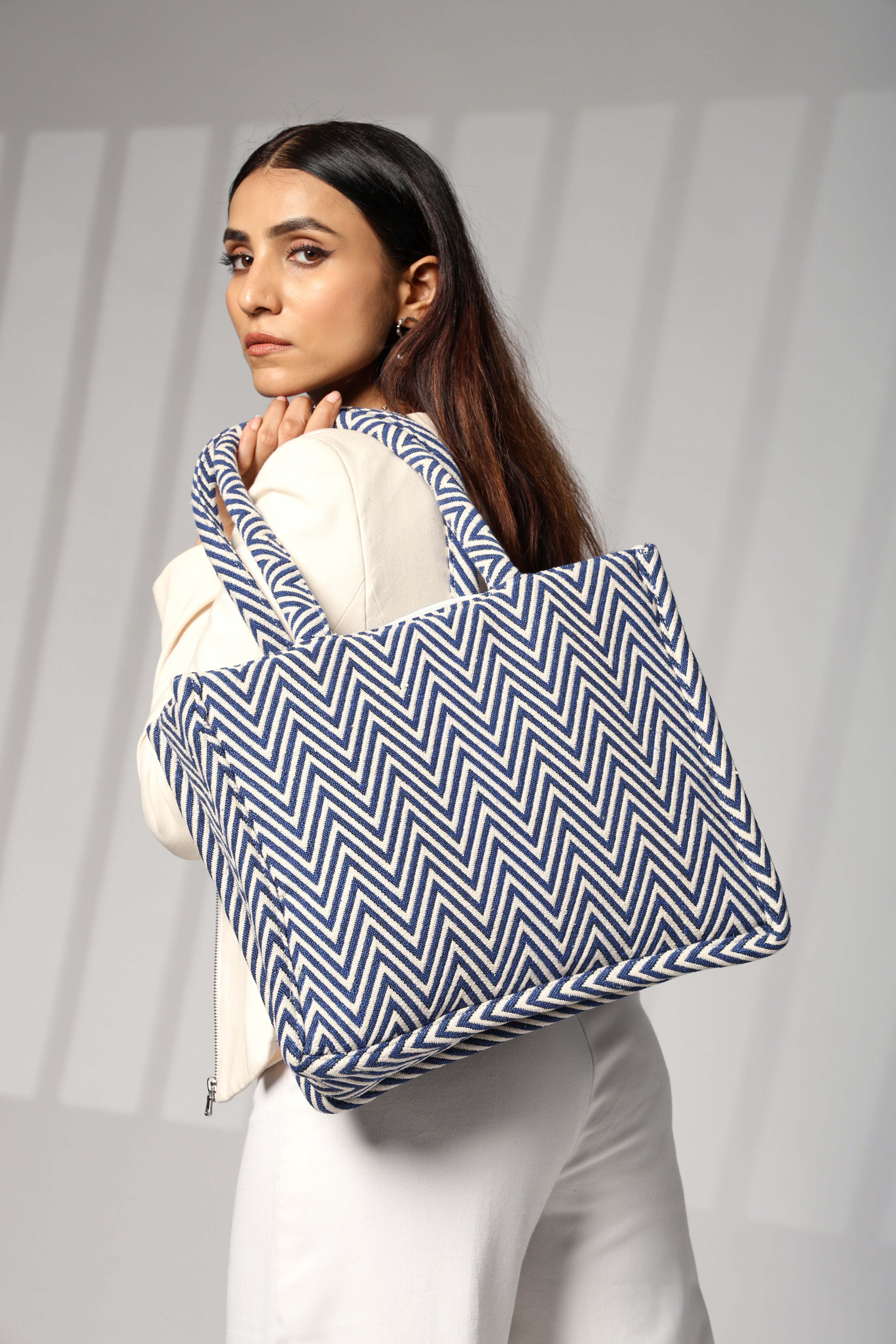 Ensac Jacquard Fabric Shoulder Bag | Chevron Style, Lightweight & Smart Look TOTE-BLU ZIGZAG-BIG