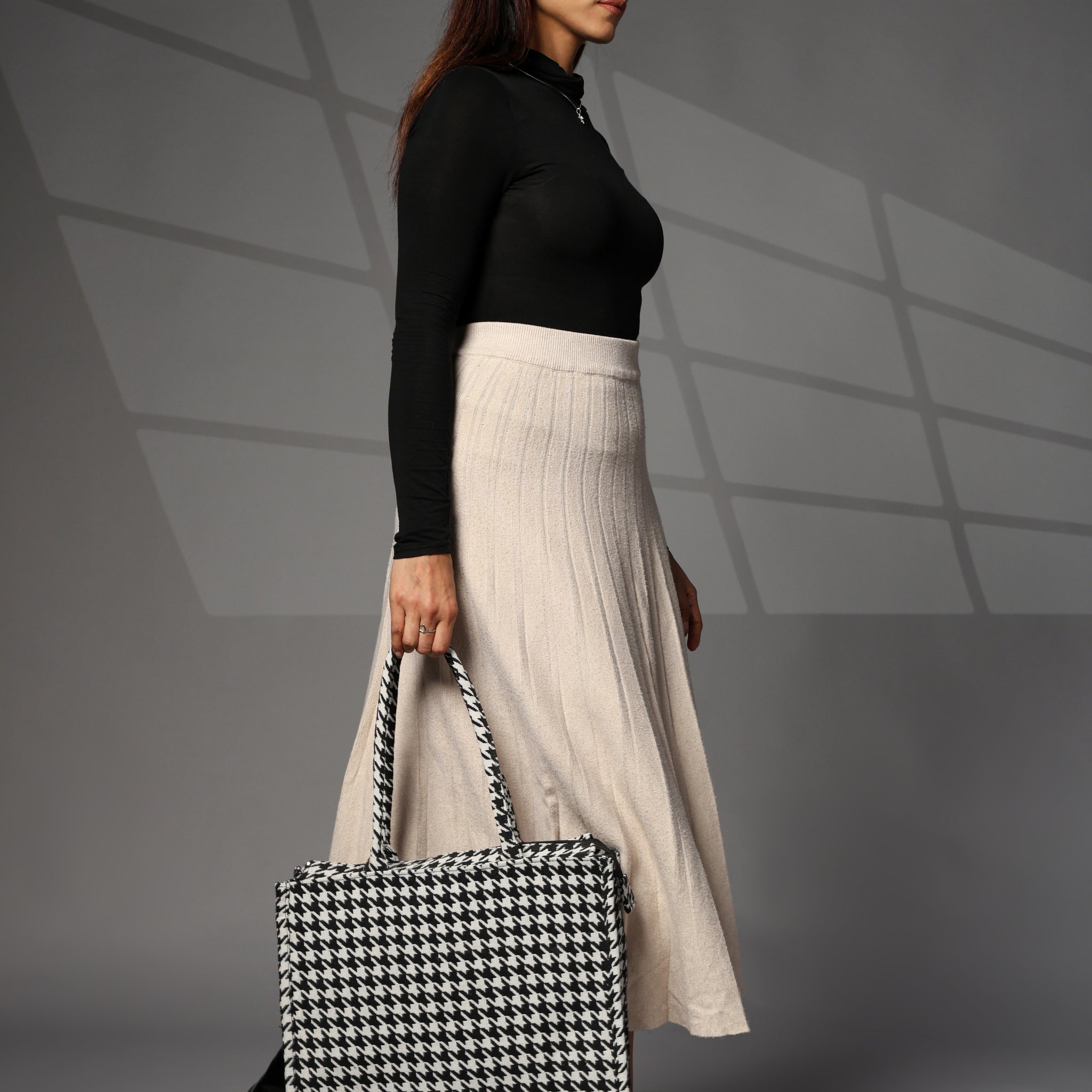 Ensac Jacquard Fabric Shoulder Bag | Chevron Style, Lightweight & Smart Look TOTE-HOUNDSTOOTH- BIG
