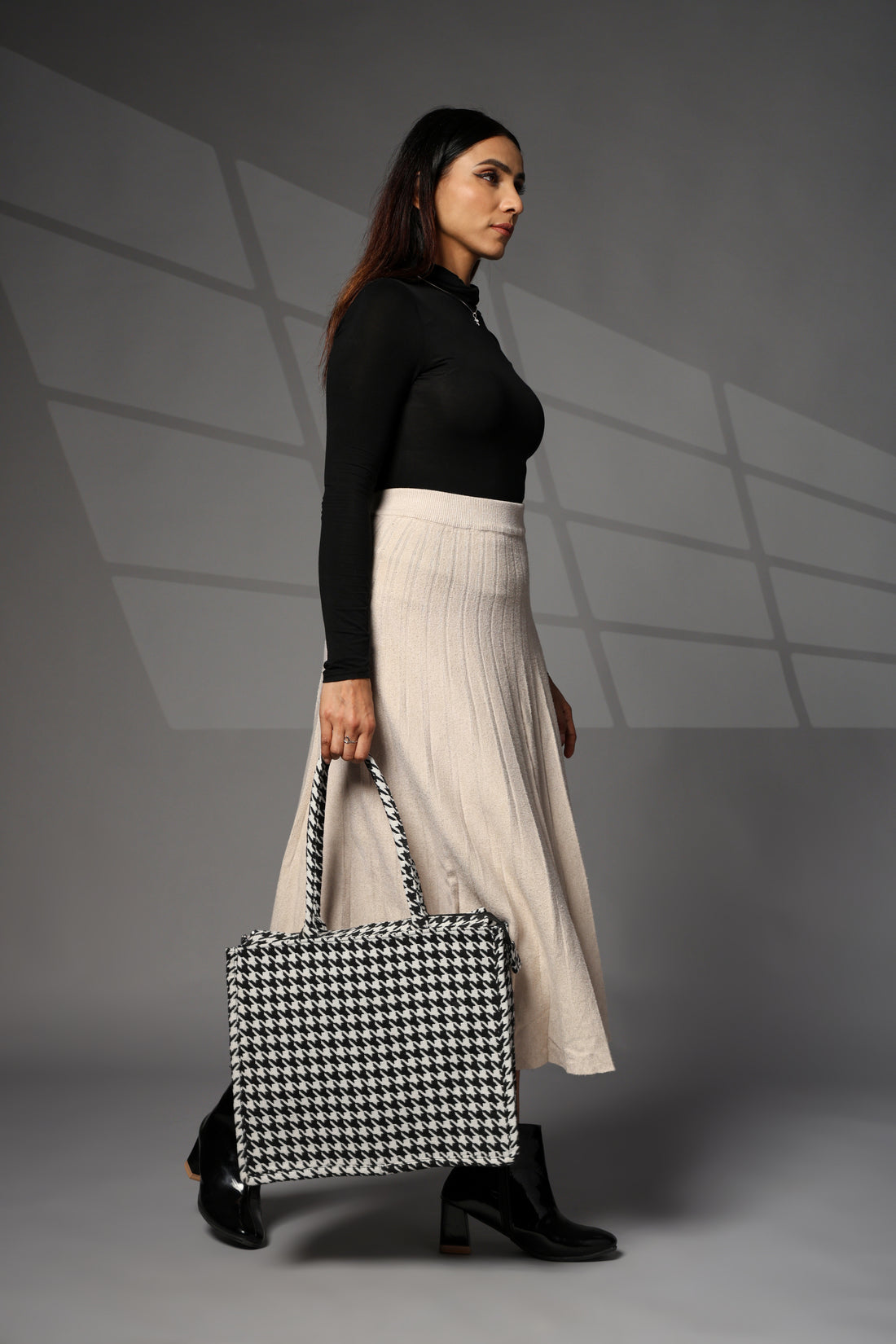 Ensac Jacquard Fabric Shoulder Bag | Chevron Style, Lightweight & Smart Look TOTE-HOUNDSTOOTH- BIG