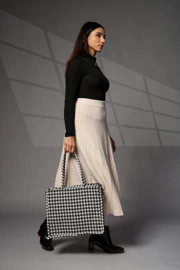 Ensac Jacquard Fabric Shoulder Bag | Chevron Style, Lightweight & Smart Look TOTE-HOUNDSTOOTH- BIG