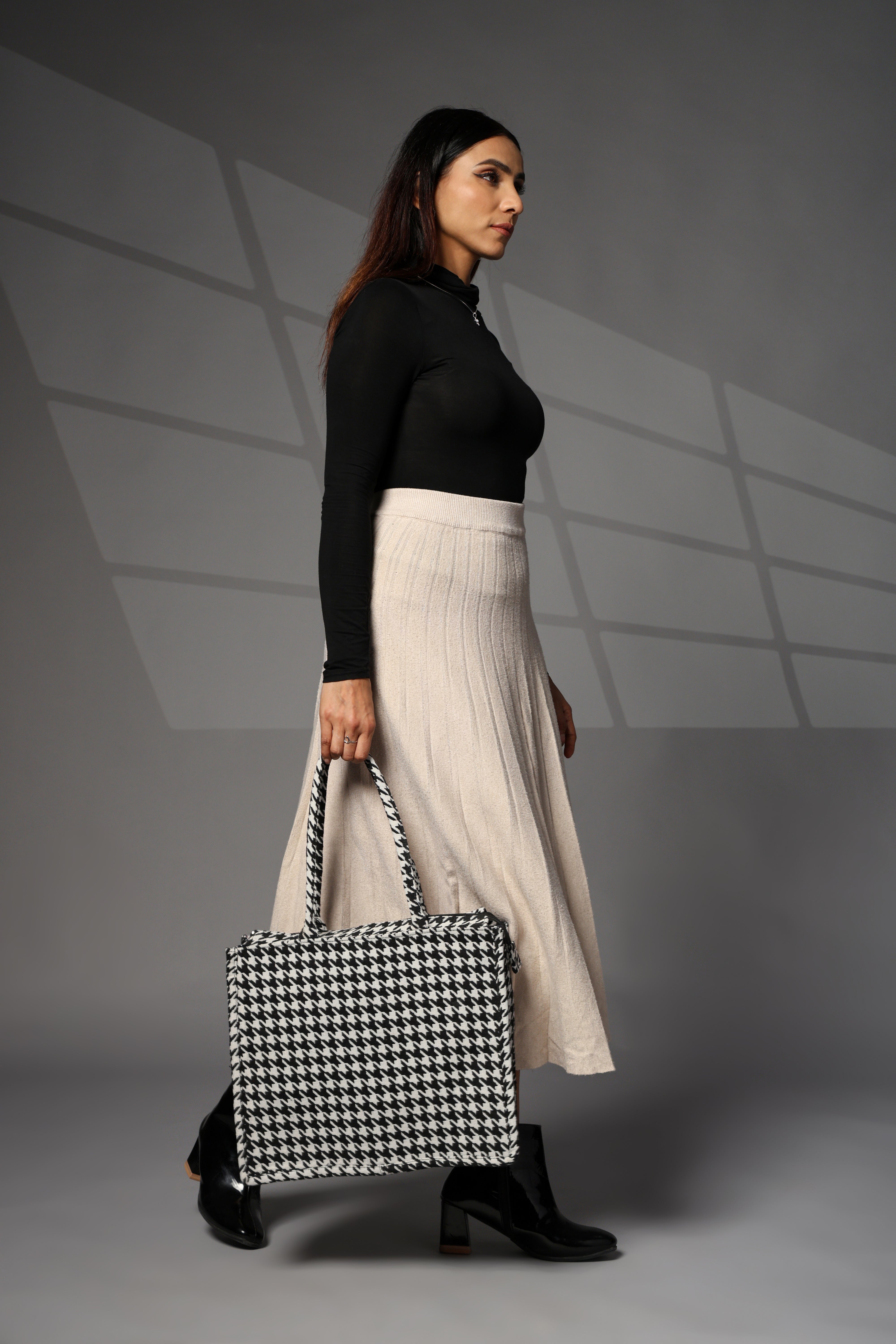 Ensac Jacquard Fabric Shoulder Bag | Chevron Style, Lightweight & Smart Look TOTE-HOUNDSTOOTH- BIG