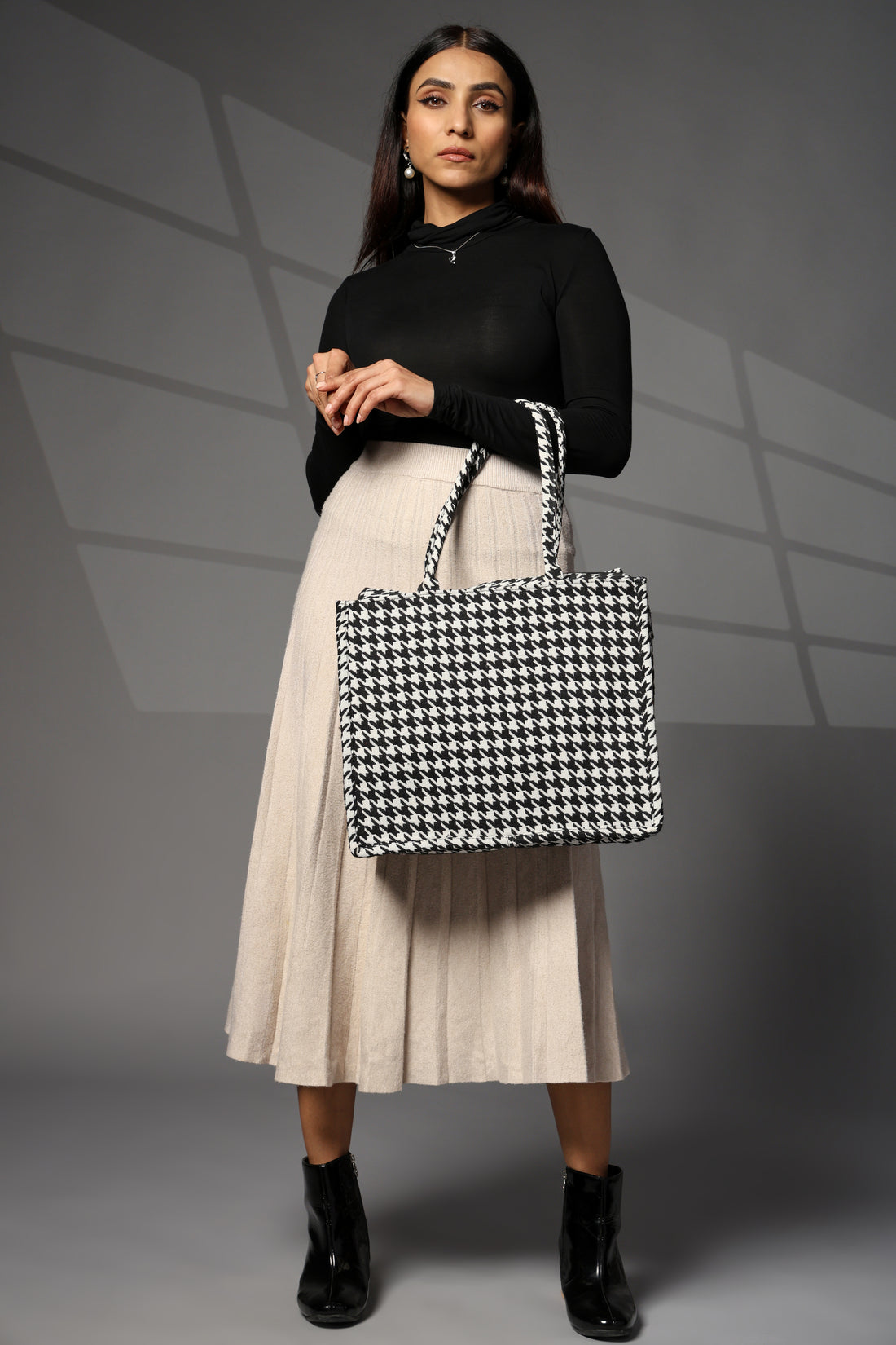 Ensac Jacquard Fabric Shoulder Bag | Chevron Style, Lightweight & Smart Look TOTE-HOUNDSTOOTH- BIG