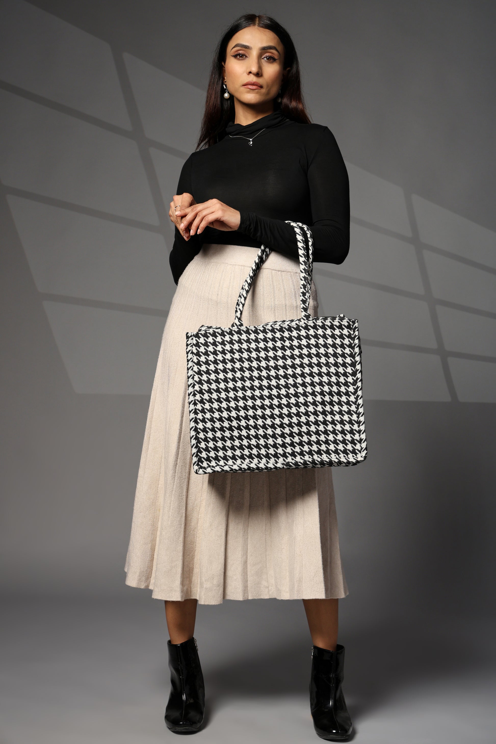 Ensac Jacquard Fabric Shoulder Bag | Chevron Style, Lightweight & Smart Look TOTE-HOUNDSTOOTH- BIG