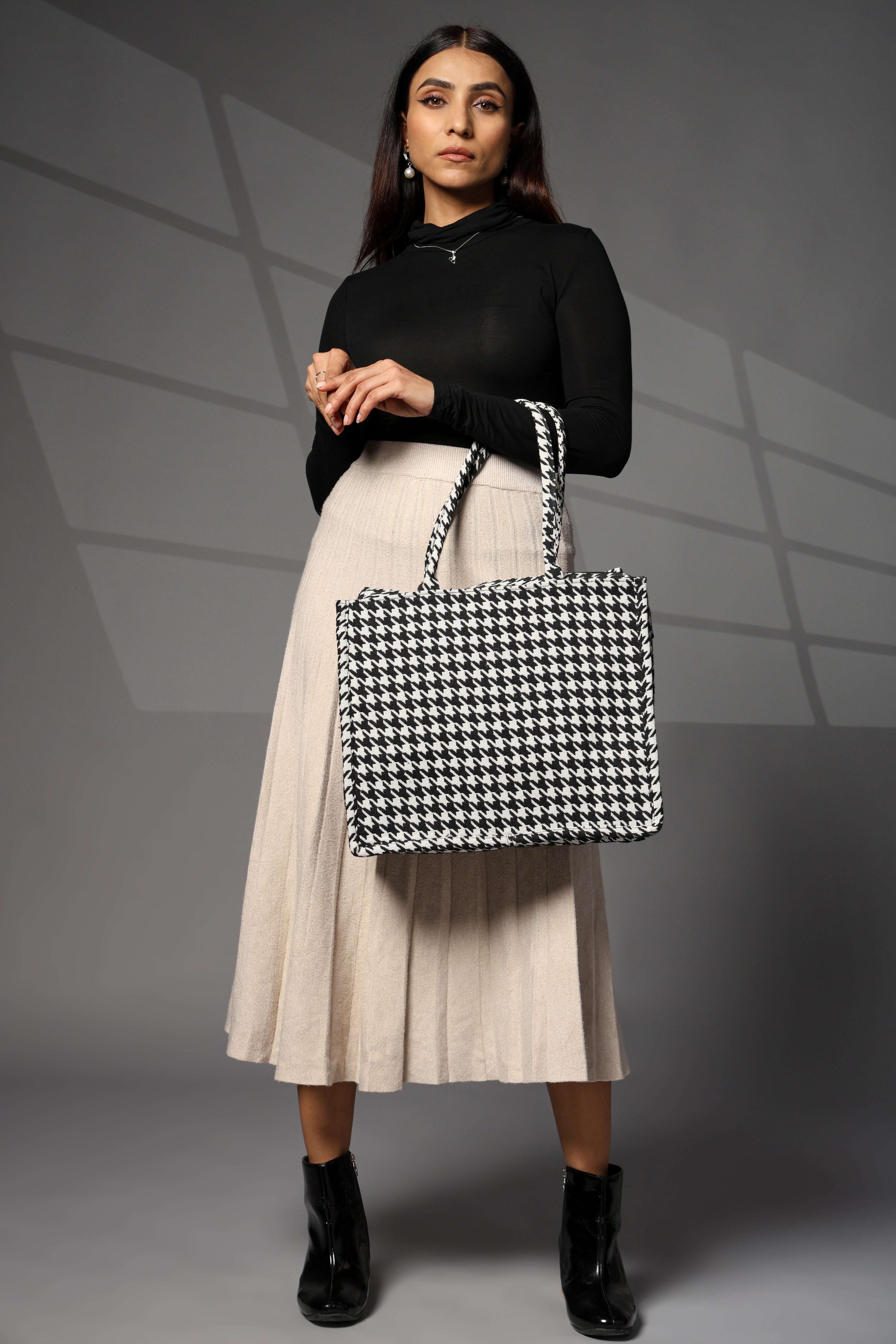 Ensac Jacquard Fabric Shoulder Bag | Chevron Style, Lightweight & Smart Look TOTE-HOUNDSTOOTH- BIG