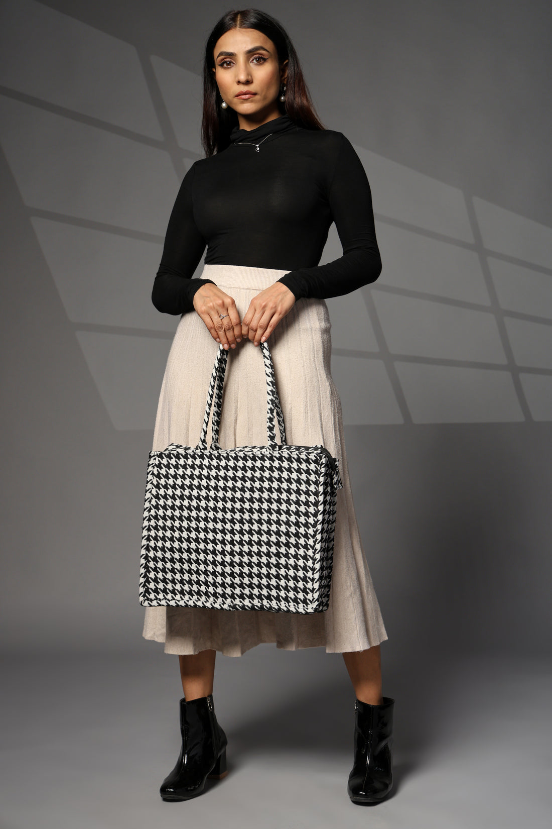 Ensac Jacquard Fabric Shoulder Bag | Chevron Style, Lightweight & Smart Look TOTE-HOUNDSTOOTH- BIG