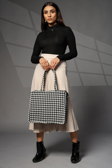 Ensac Jacquard Fabric Shoulder Bag | Chevron Style, Lightweight & Smart Look TOTE-HOUNDSTOOTH- BIG