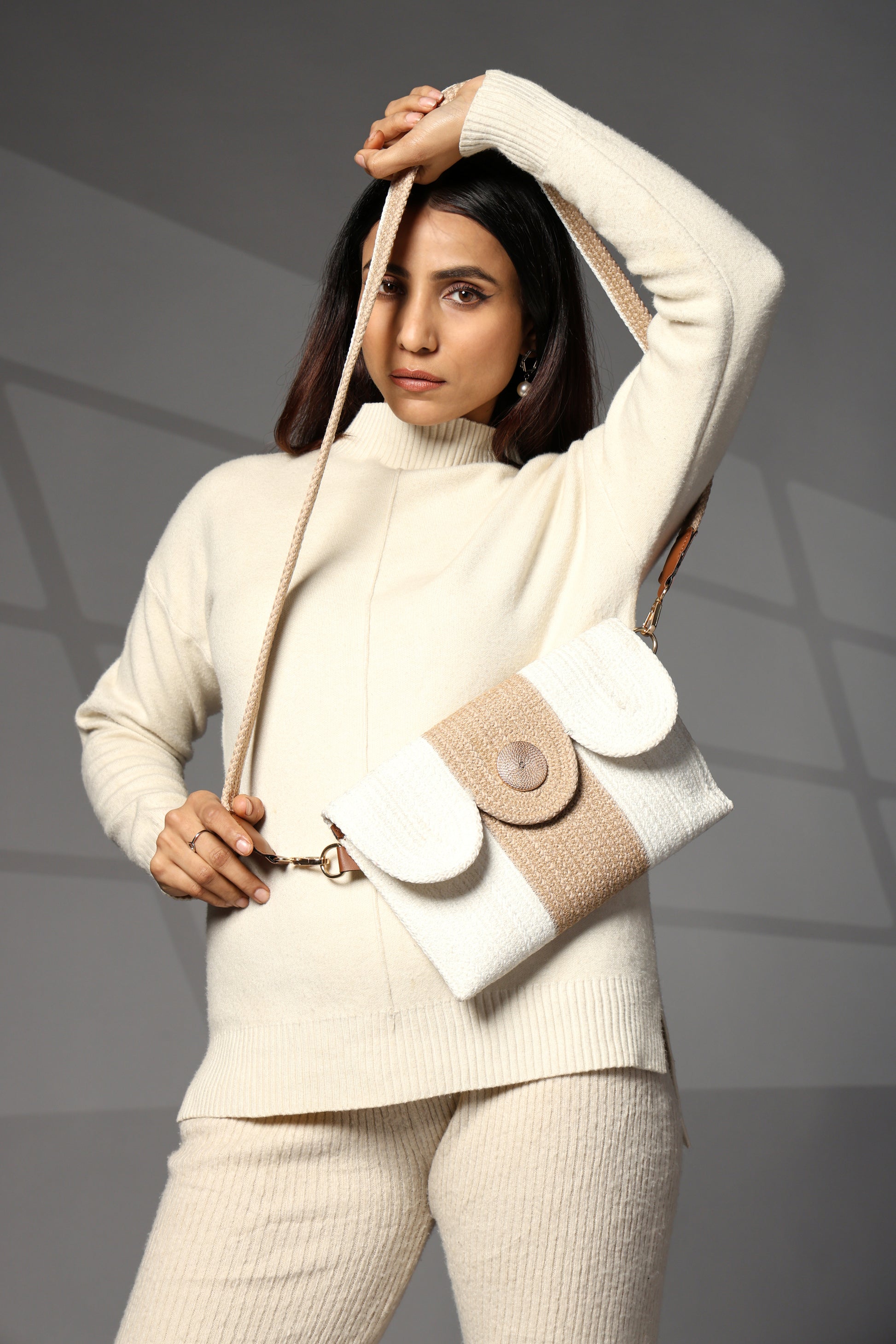 White, Beige Women's Premium Juterope Sling Bag