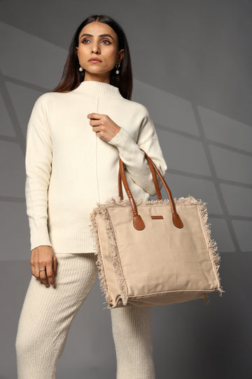 Ensac Women’s Premium Jacquard Fabric Bag | Easy to Carry & Everyday Use TOTE-CANVAS-BEIGE-BIG