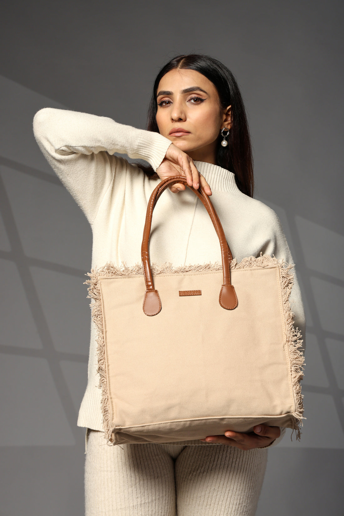 Ensac Women’s Premium Jacquard Fabric Bag | Easy to Carry & Everyday Use TOTE-CANVAS-BEIGE-BIG