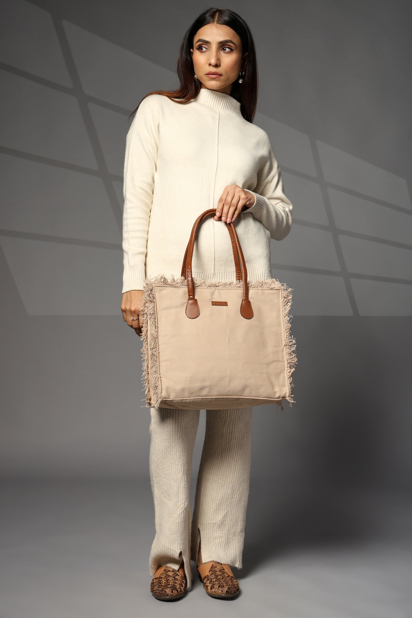 Ensac Women’s Premium Jacquard Fabric Bag | Easy to Carry & Everyday Use TOTE-CANVAS-BEIGE-BIG