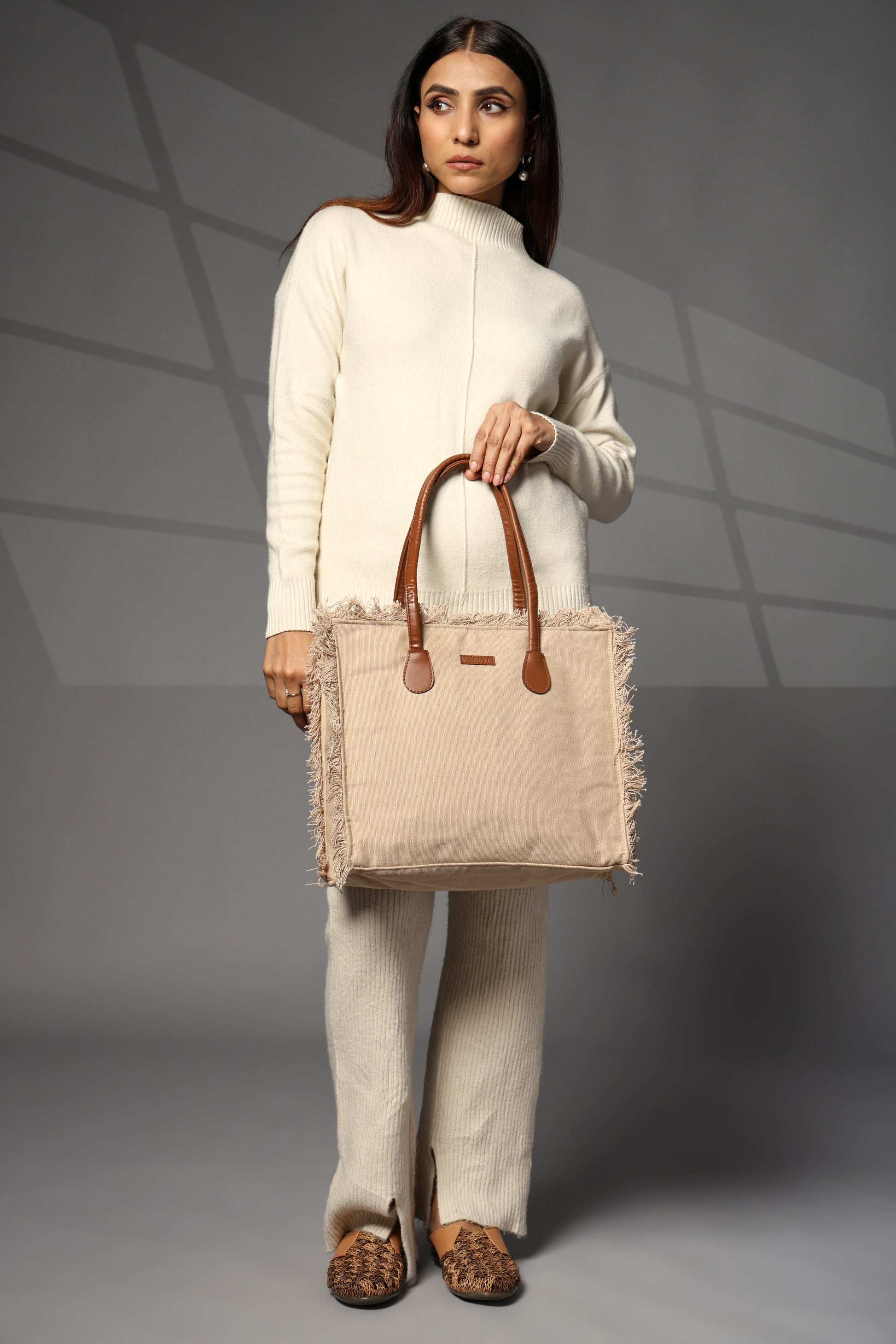 Ensac Women’s Premium Jacquard Fabric Bag | Easy to Carry & Everyday Use TOTE-CANVAS-BEIGE-BIG
