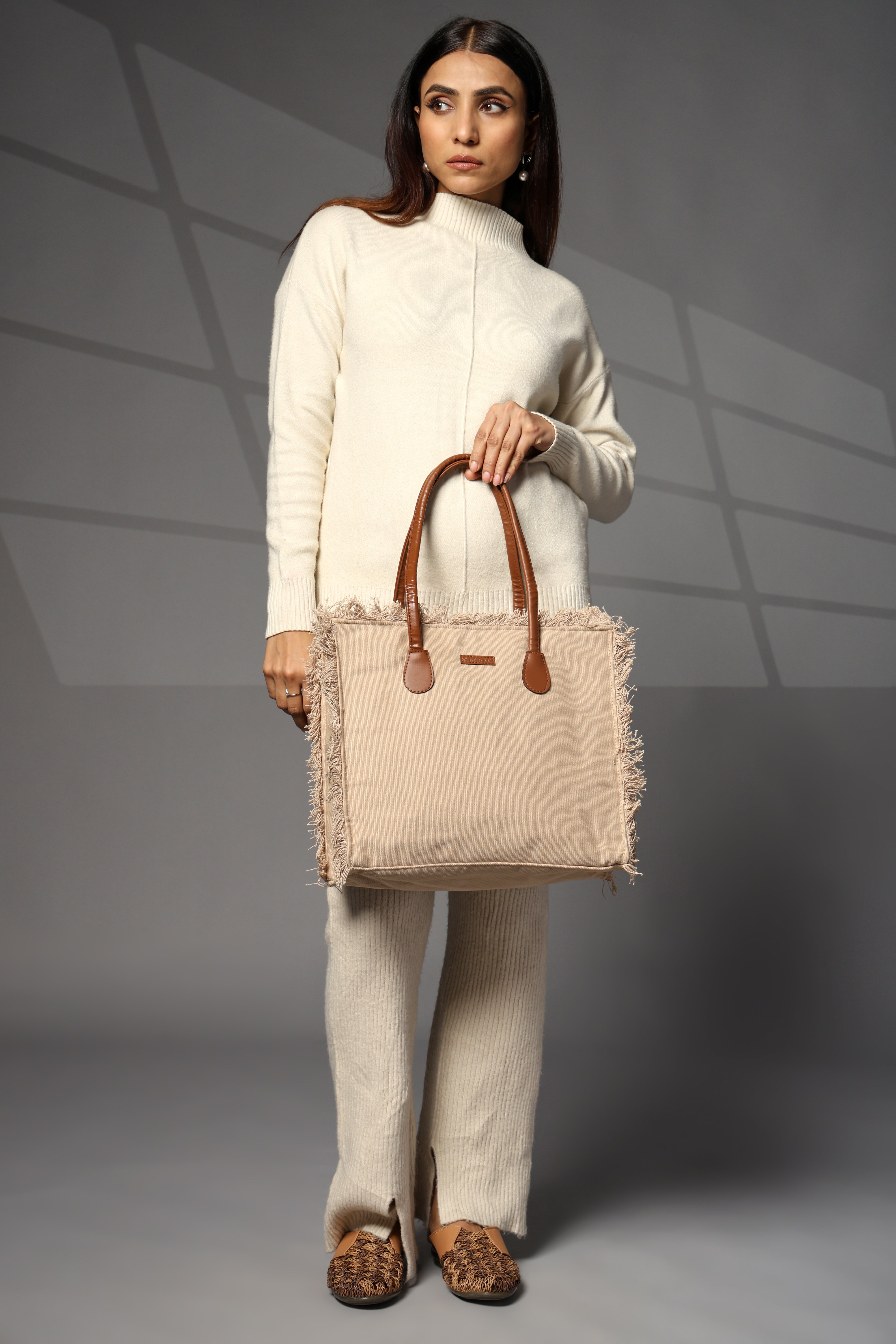 Ensac Women’s Premium Jacquard Fabric Bag | Easy to Carry & Everyday Use TOTE-CANVAS-BEIGE-BIG