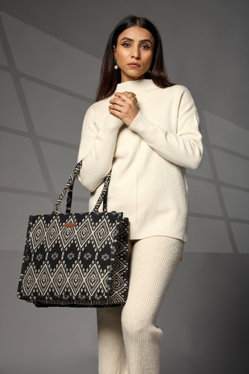 ENSAC Cotton Jacquard Black Tote bag for women & Girls