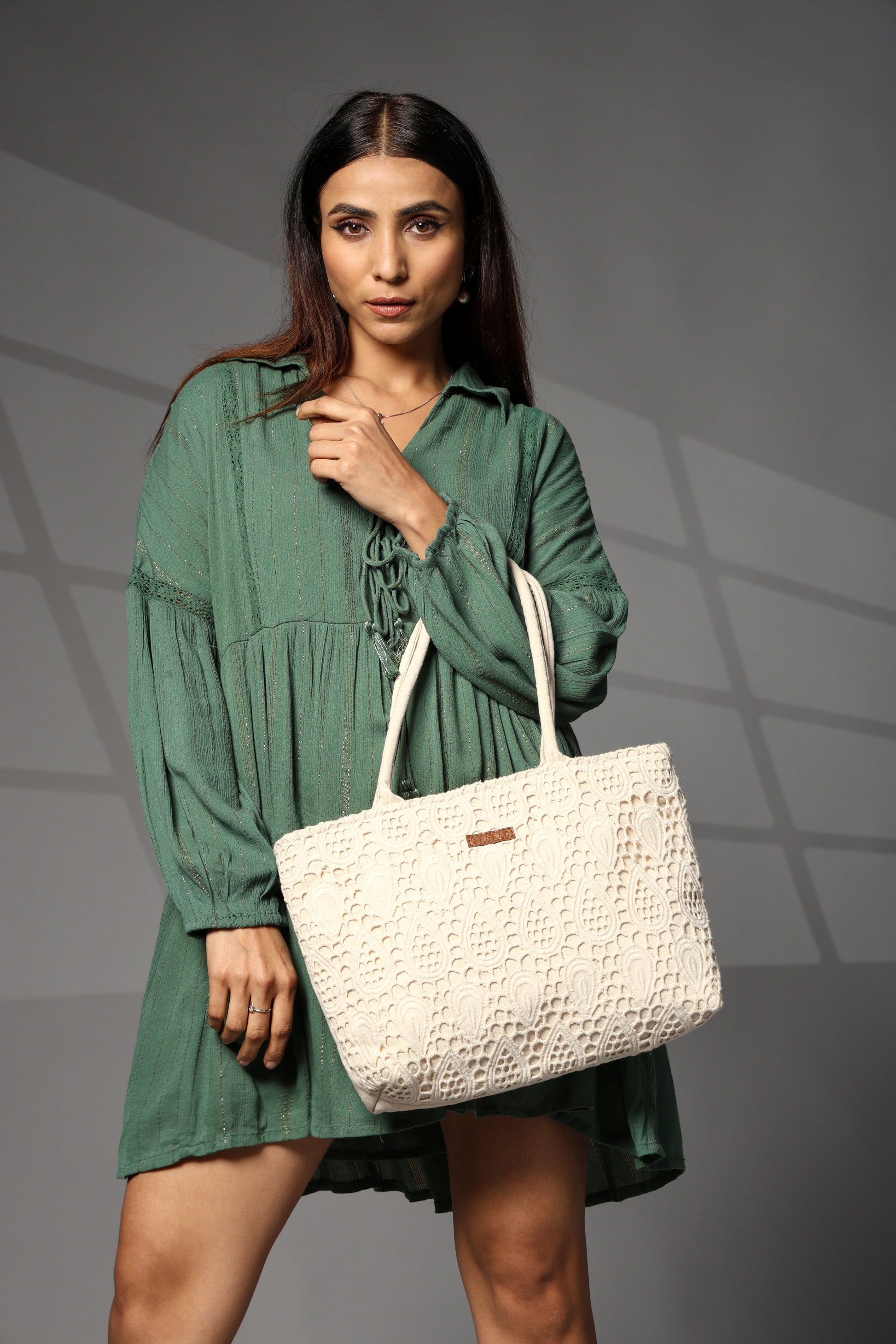 Ensac Women’s Jacquard Fabric Tote Bag | Fringe Style, Lightweight Feel & Must-Have Travel Pick TOTE-CUTWORK-SMALL