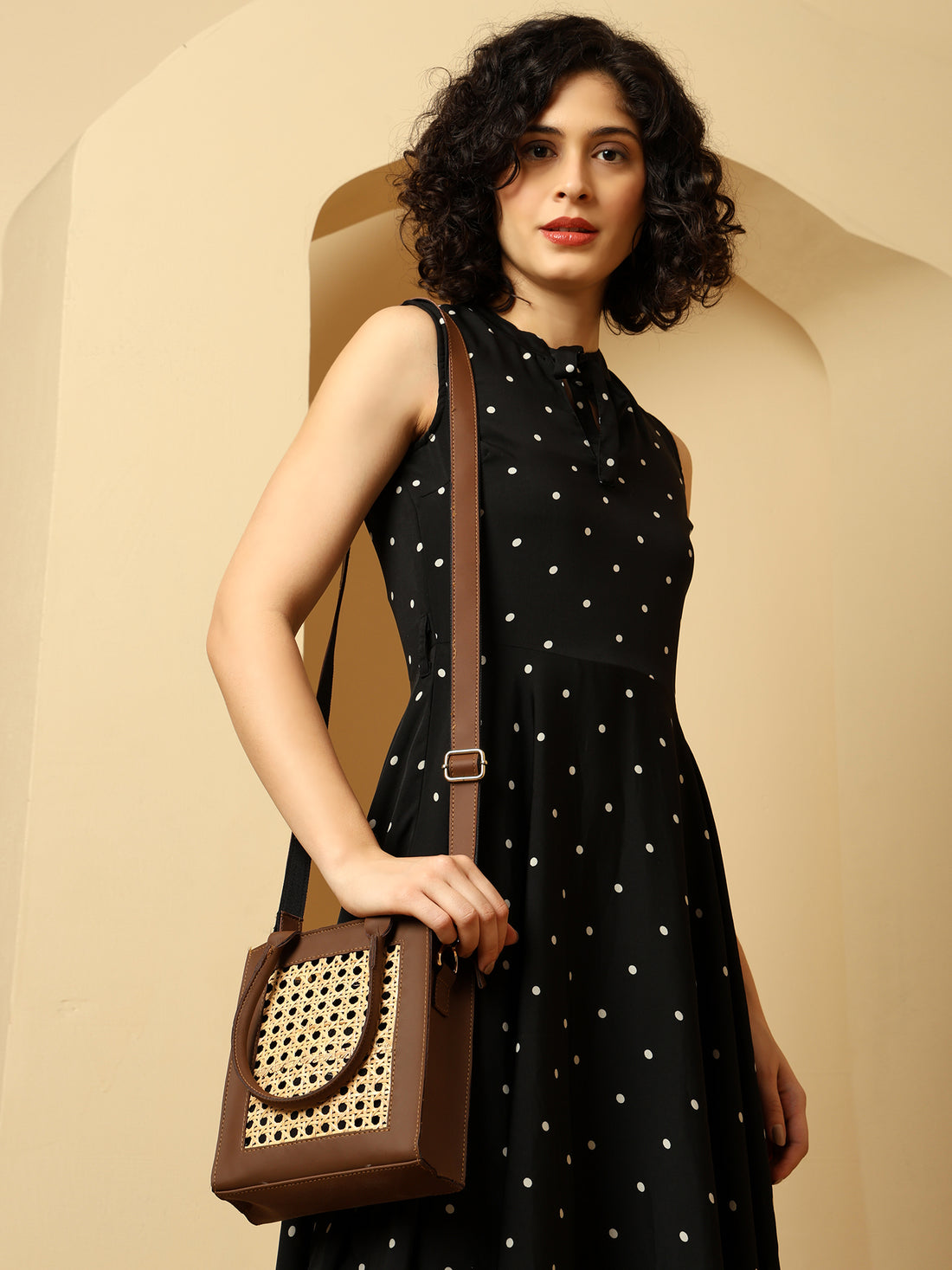 Boho Chic Brown Sling Bag with Natural Rattan Weave