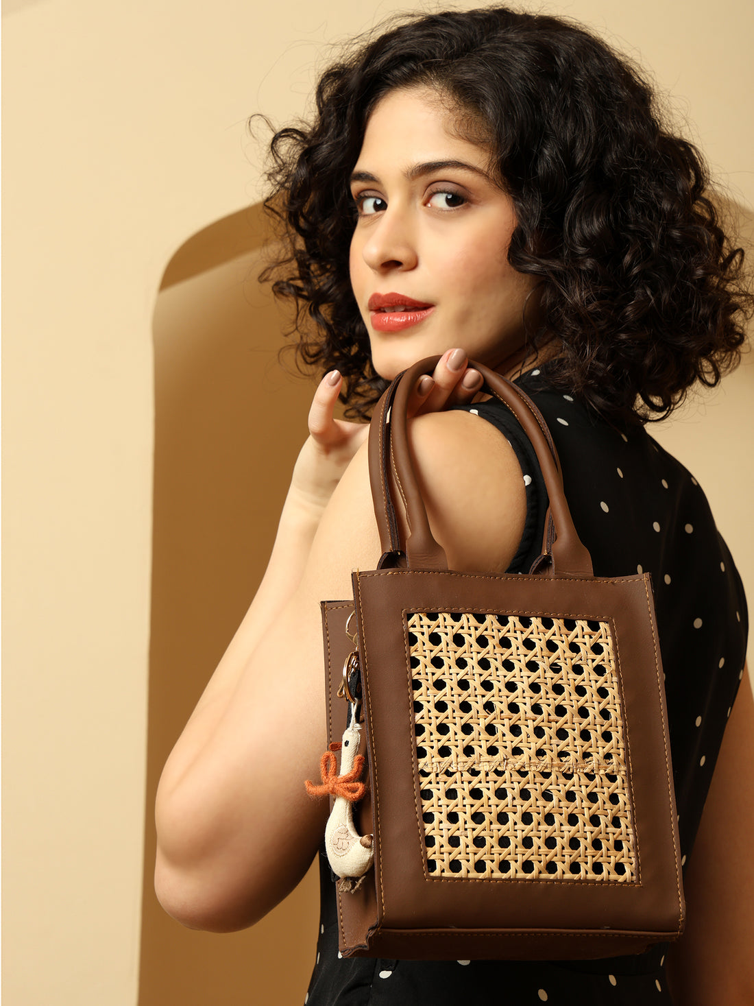 Boho Chic Brown Sling Bag with Natural Rattan Weave