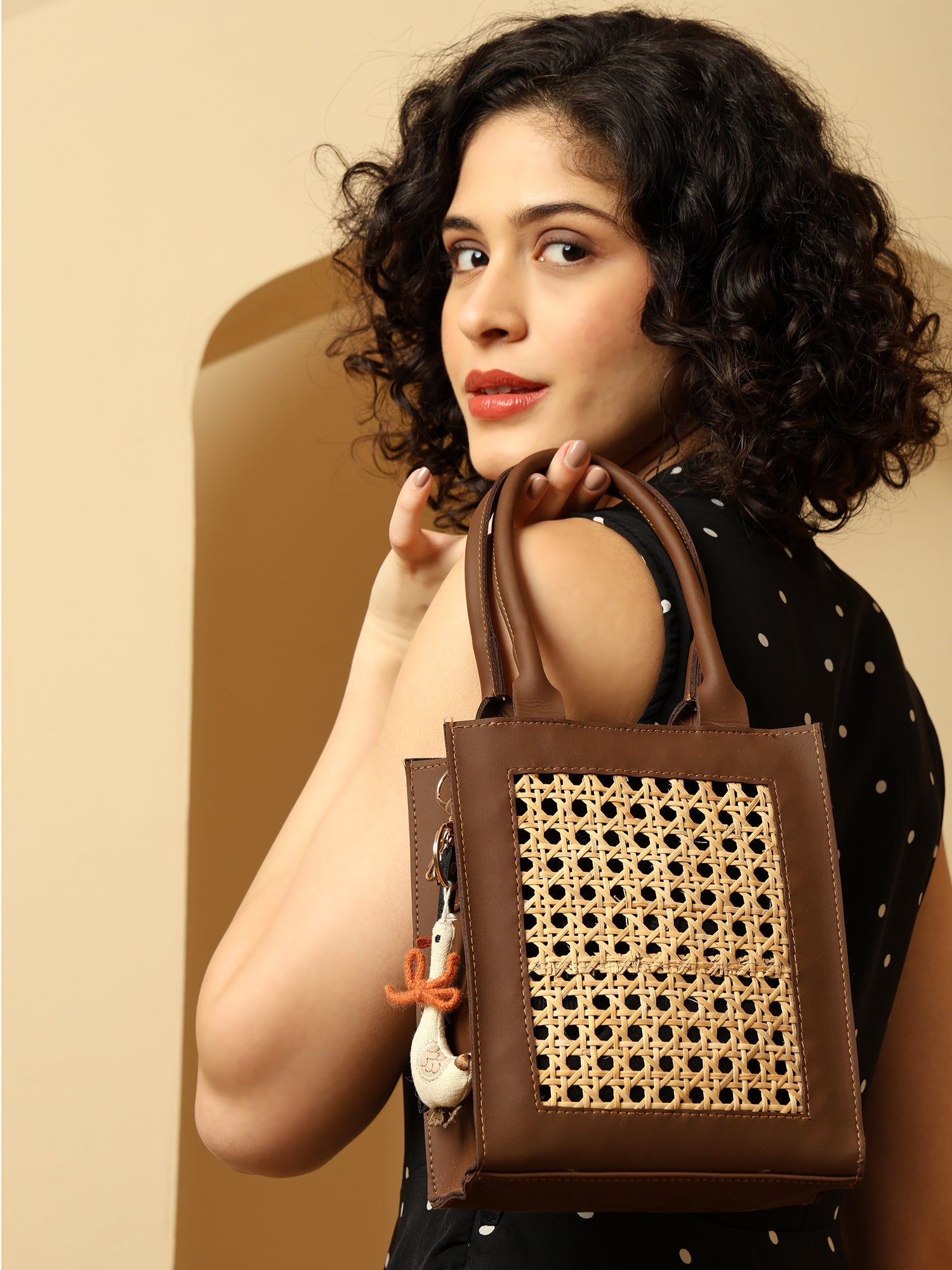 Boho Chic Brown Sling Bag with Natural Rattan Weave