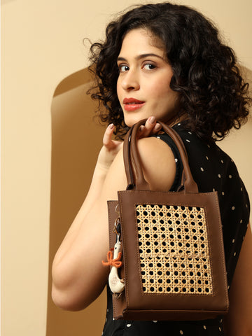 Boho Chic Brown Sling Bag with Natural Rattan Weave