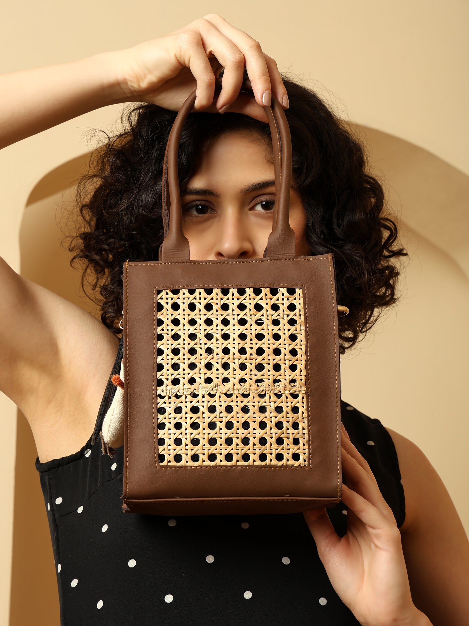 Boho Chic Brown Sling Bag with Natural Rattan Weave