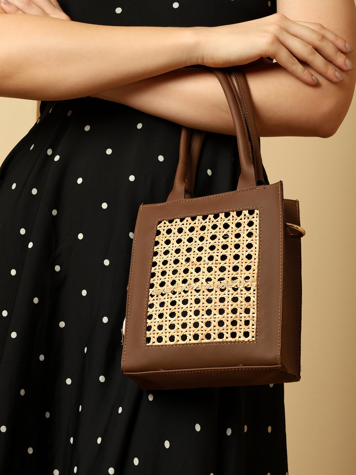 Boho Chic Brown Sling Bag with Natural Rattan Weave