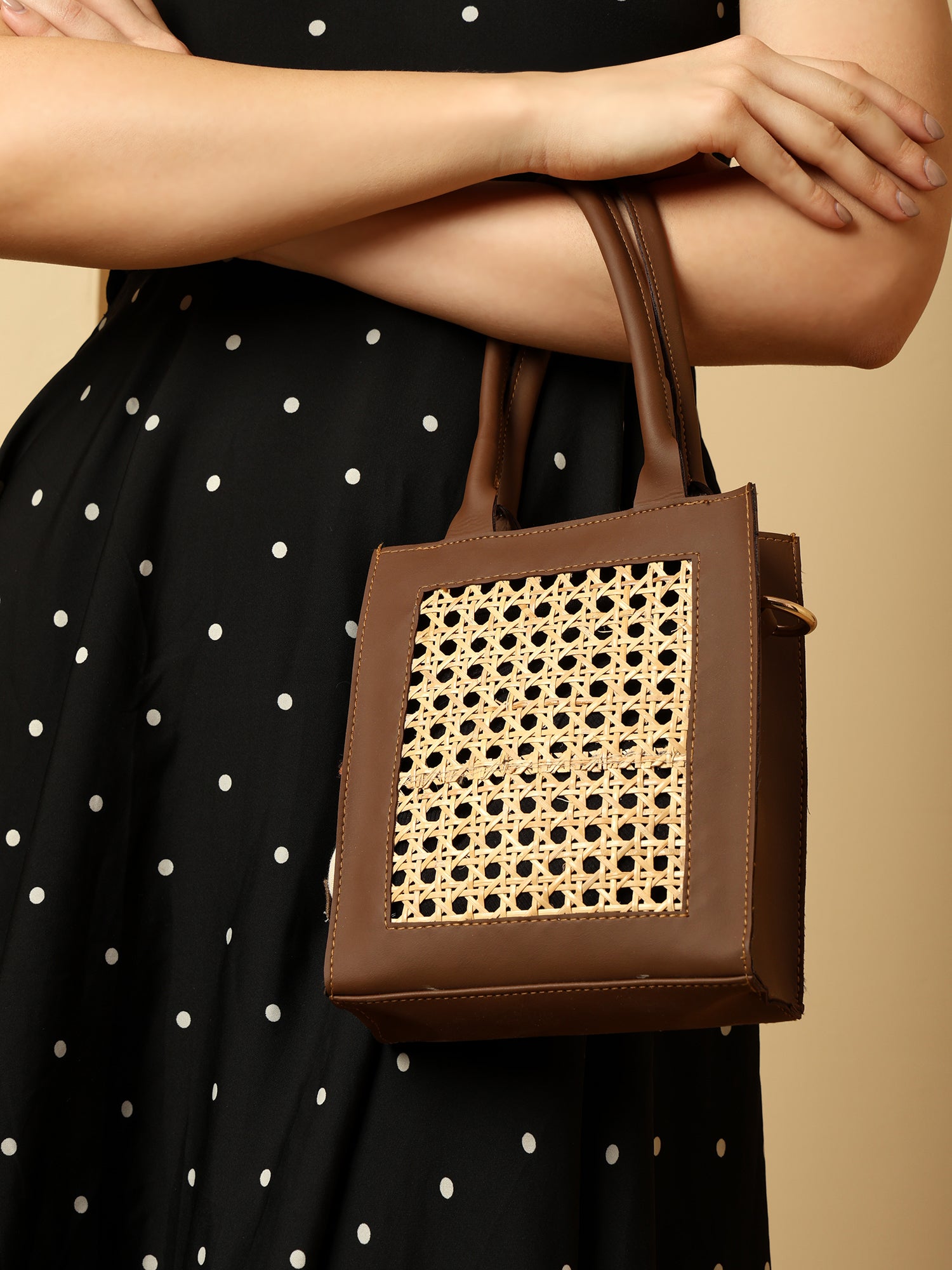Boho Chic Brown Sling Bag with Natural Rattan Weave