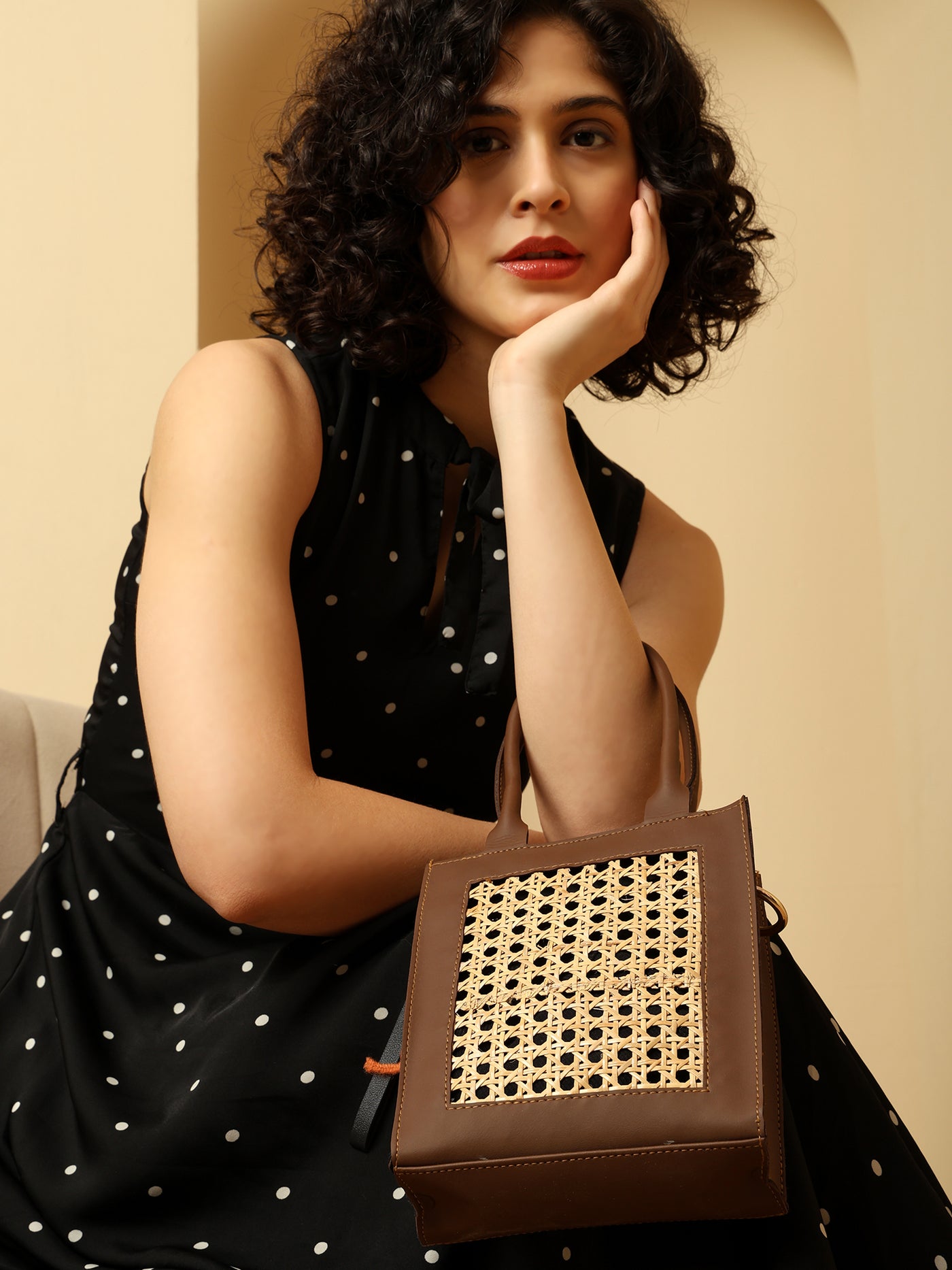 Boho Chic Brown Sling Bag with Natural Rattan Weave