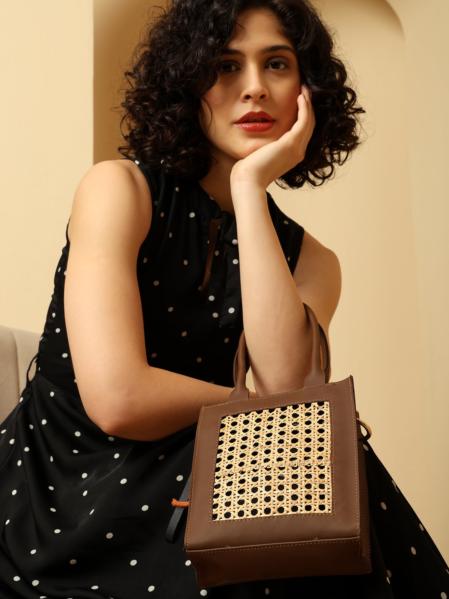 Boho Chic Brown Sling Bag with Natural Rattan Weave