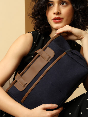 Insulated Blue Lunch Bag with Brown Straps