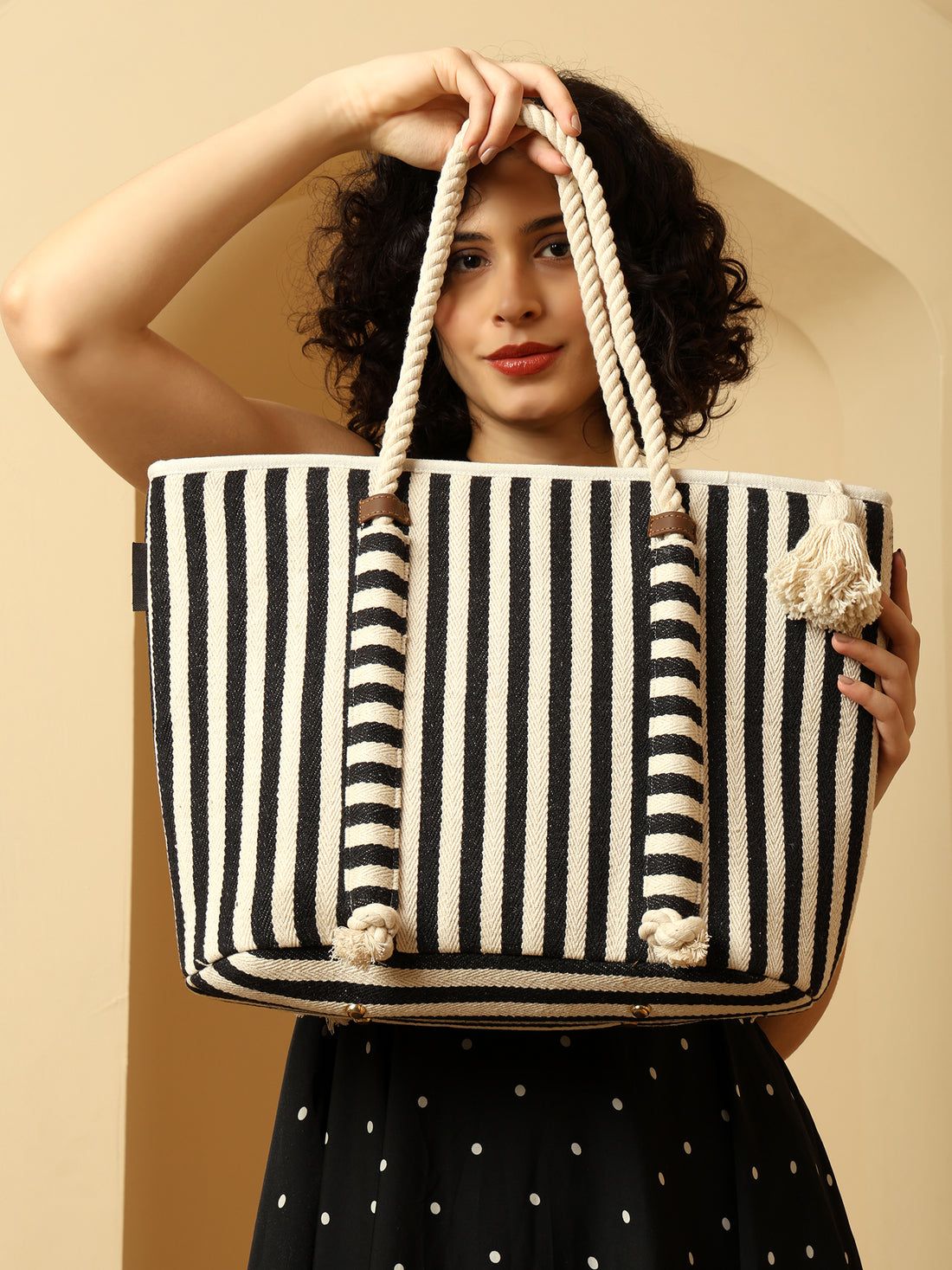 Nautical Striped Canvas Tote Bag with Rope Handles