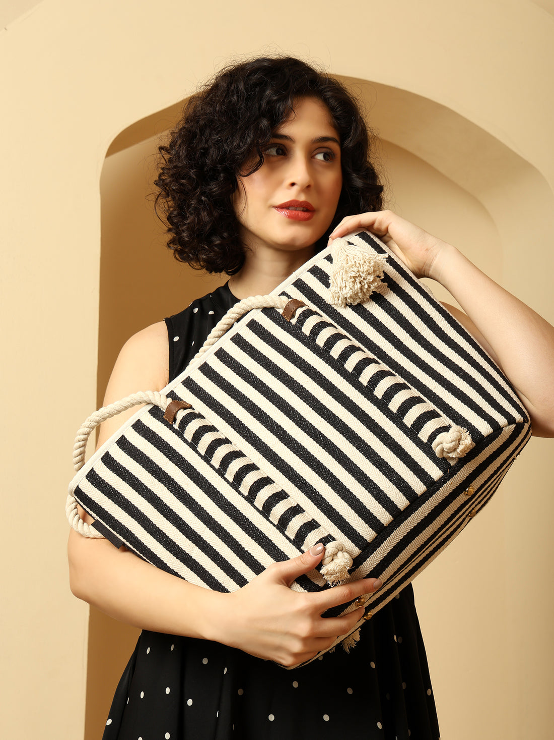 Nautical Striped Canvas Tote Bag with Rope Handles
