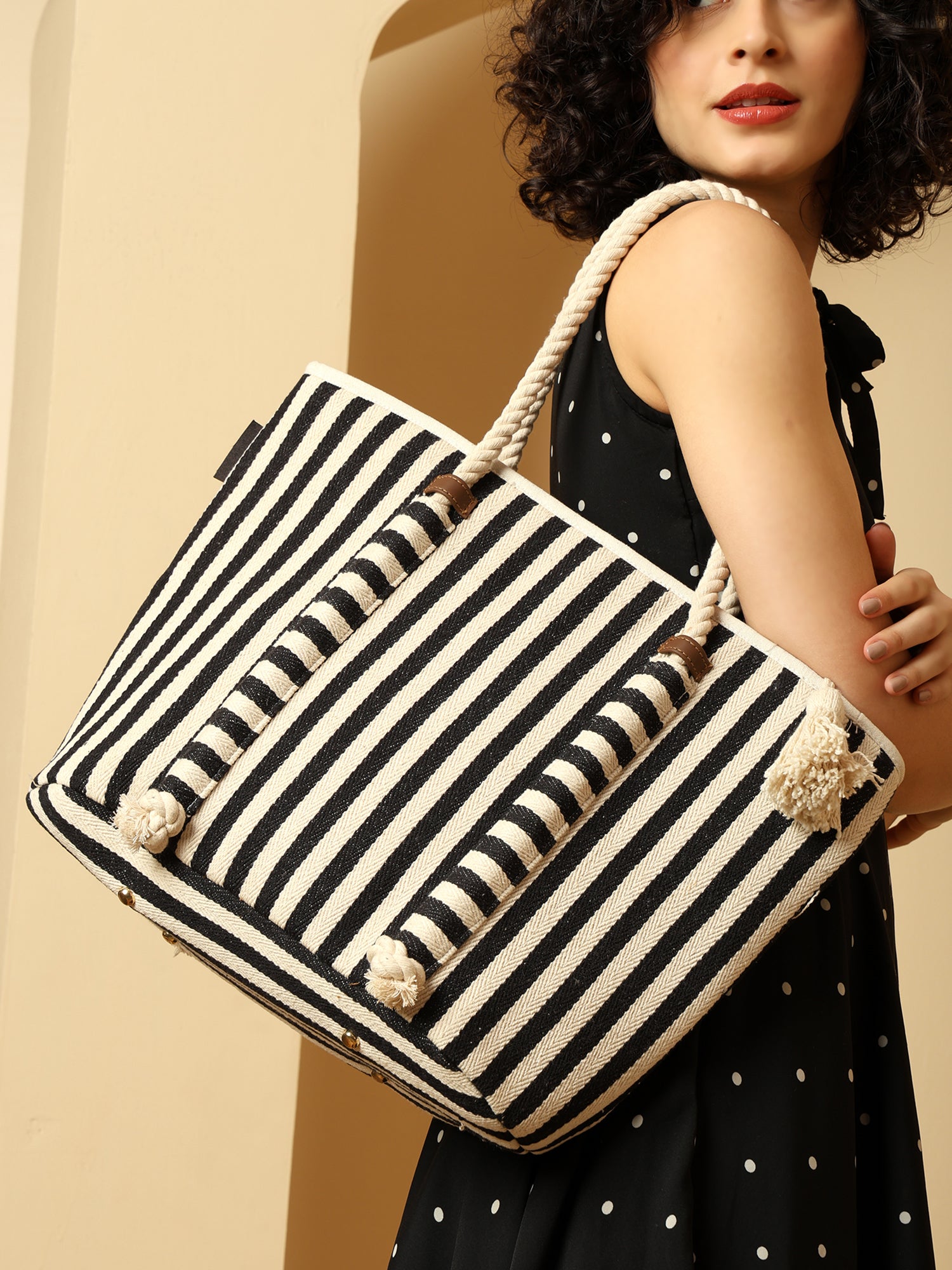 Nautical Striped Canvas Tote Bag with Rope Handles